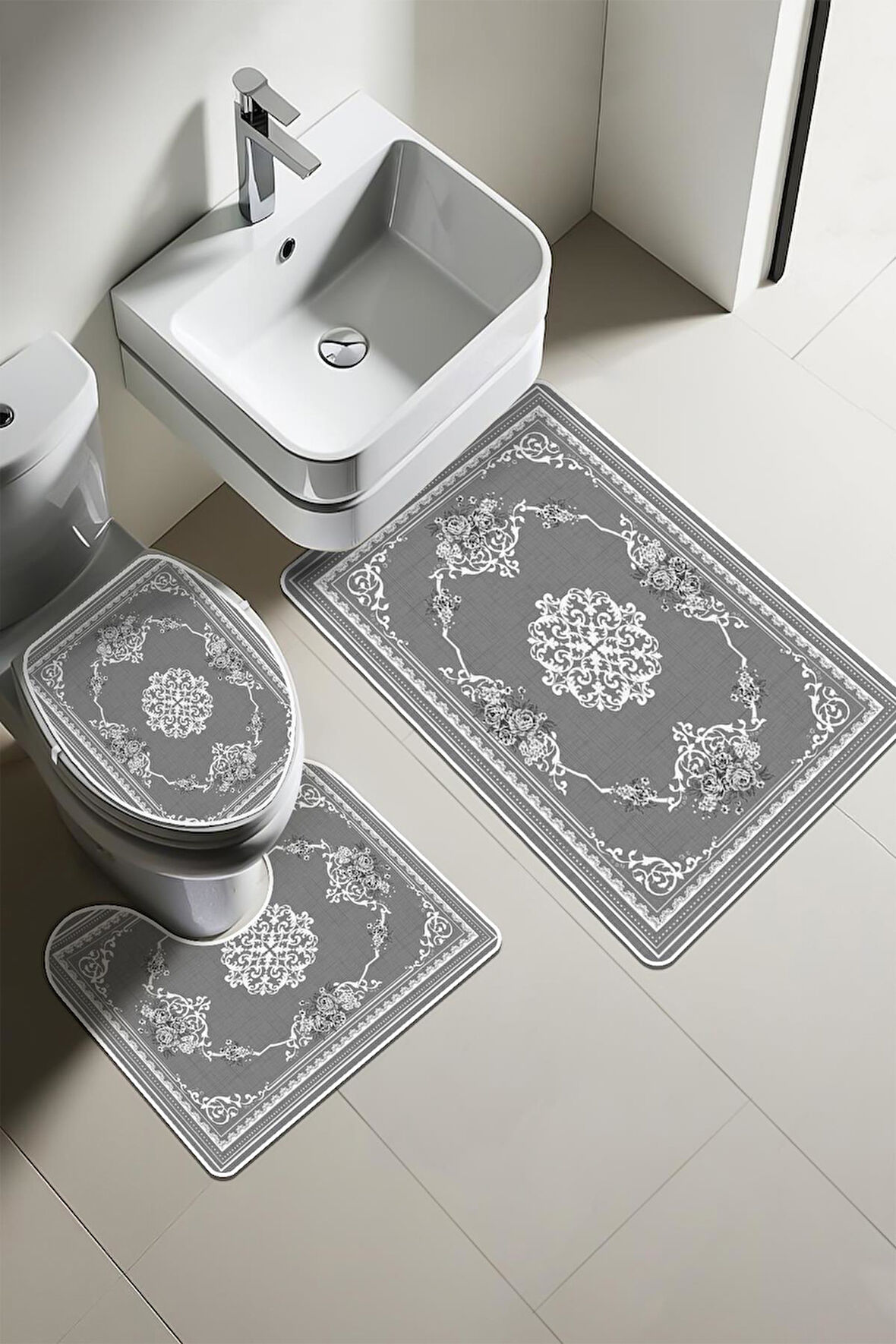 Modern Desenli Dijital Baskı 3’lü Banyo Paspas Takımı Yıkanabilir Kaymaz Tabanlı Klozet Takımı KLZ0057