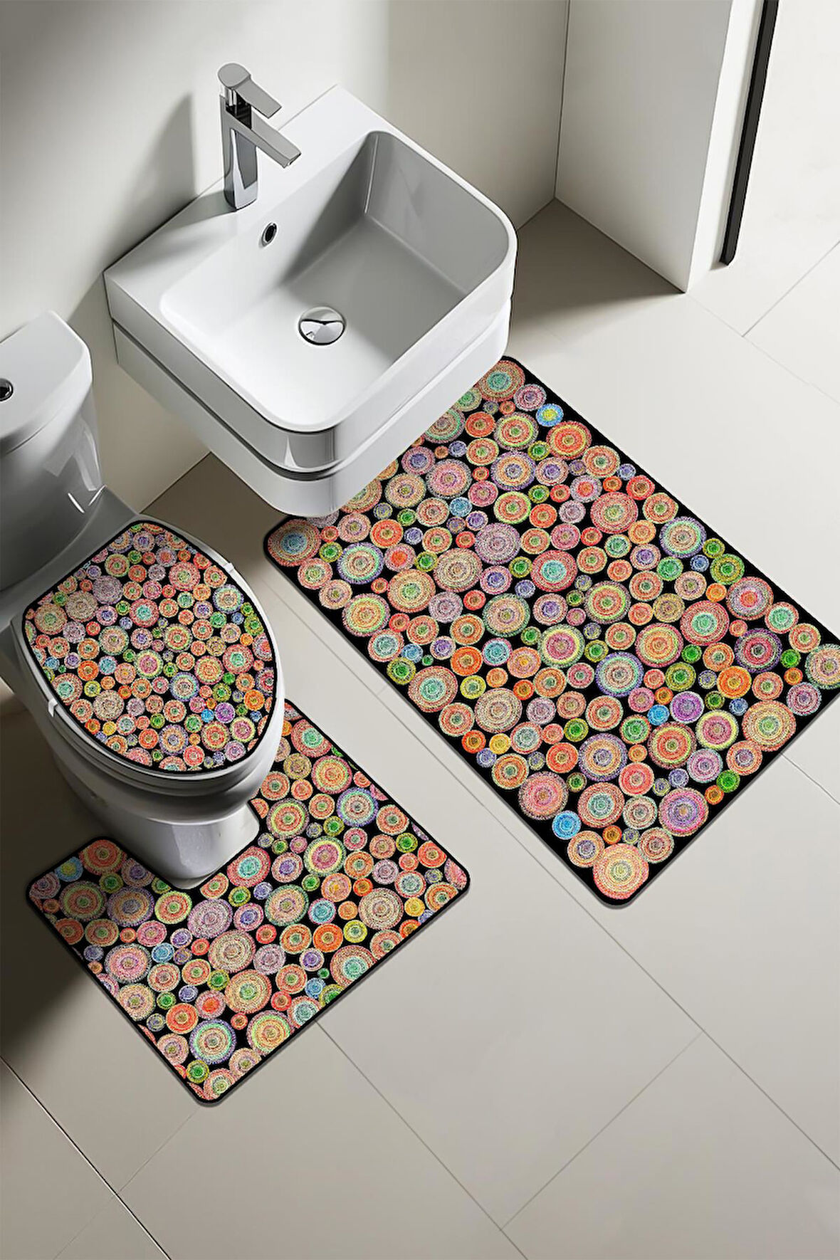 Modern Desenli Dijital Baskı 3’lü Banyo Paspas Takımı Yıkanabilir Kaymaz Tabanlı Klozet Takımı KLZ0059