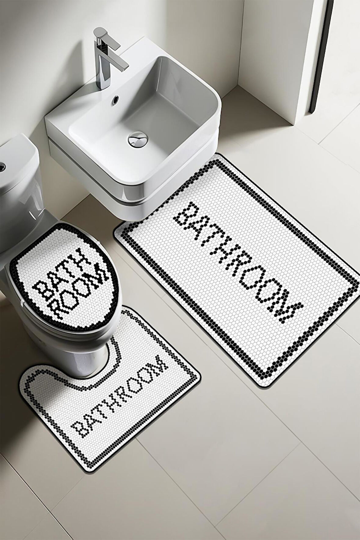 Modern Desenli Dijital Baskı 3’lü Banyo Paspas Takımı Yıkanabilir Kaymaz Tabanlı Klozet Takımı KLZ0062