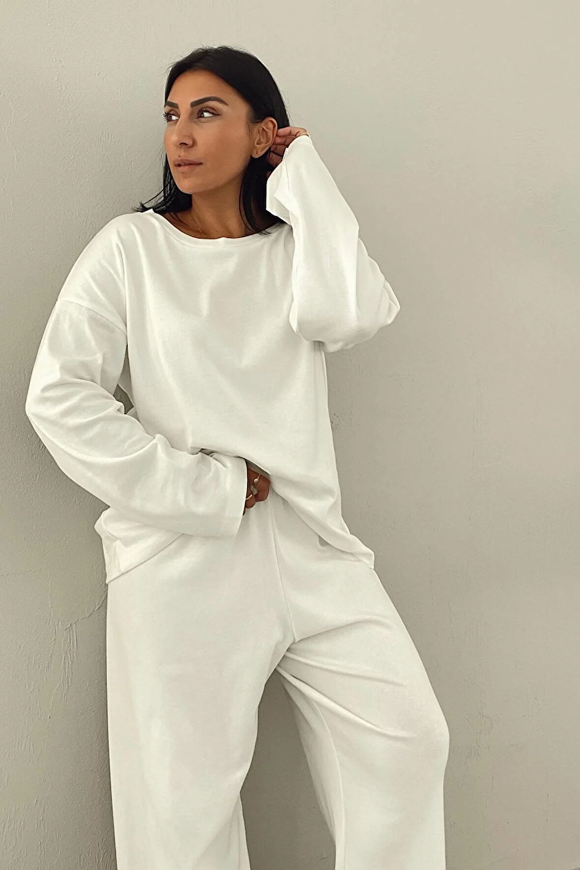 Bisiklet Yaka Ekru Oversize Penye Takım