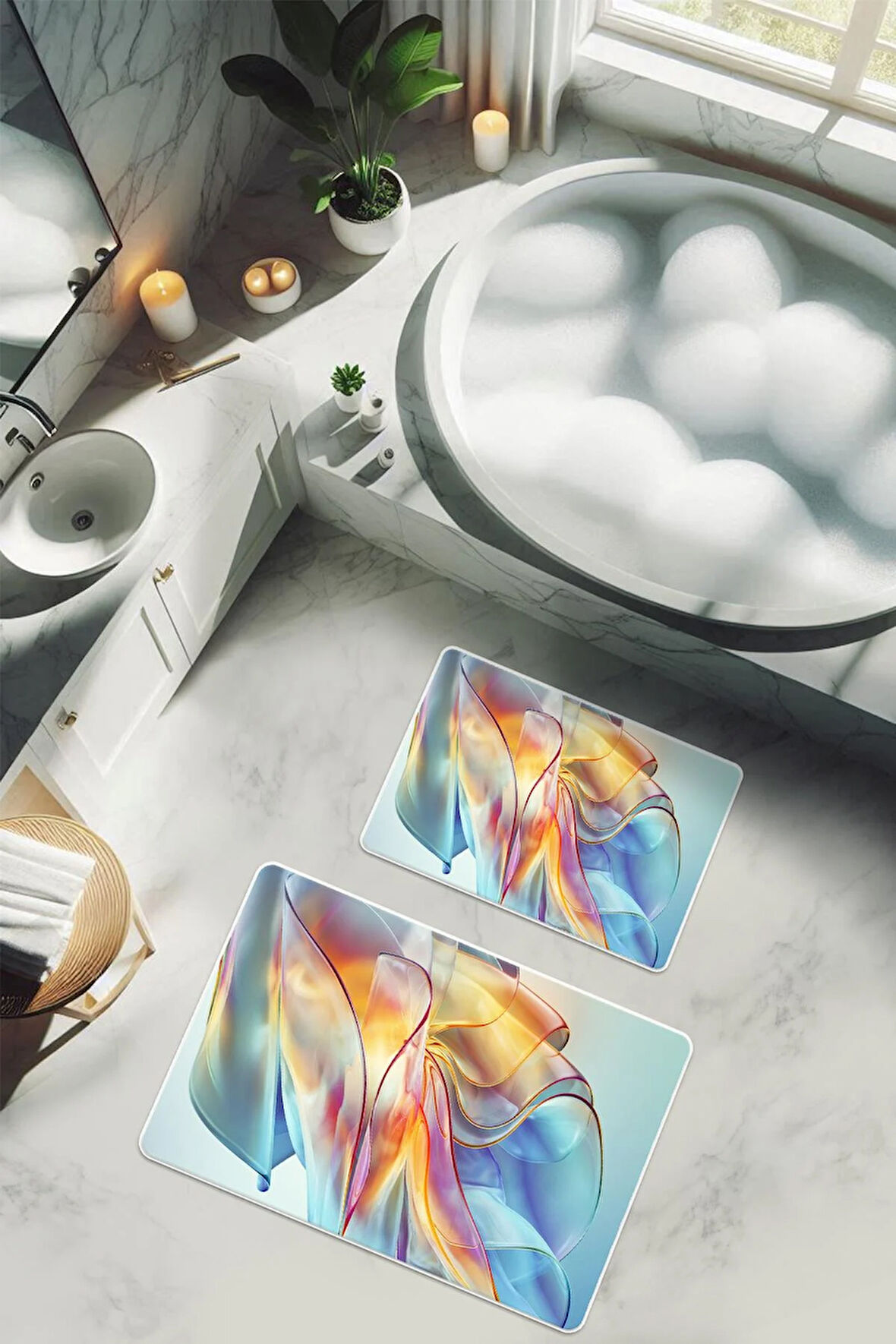 Yıkanabilir Kaymaz Tabanlı Modern Desenli 2'li Banyo Paspas Takımı BPS0001