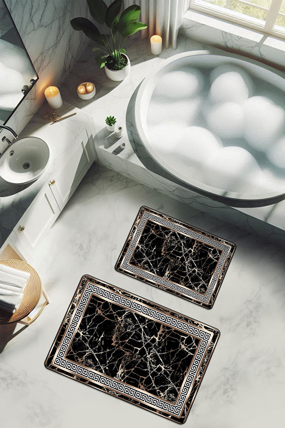 Yıkanabilir Kaymaz Tabanlı Modern Desenli 2'li Banyo Paspas Takımı BPS0002