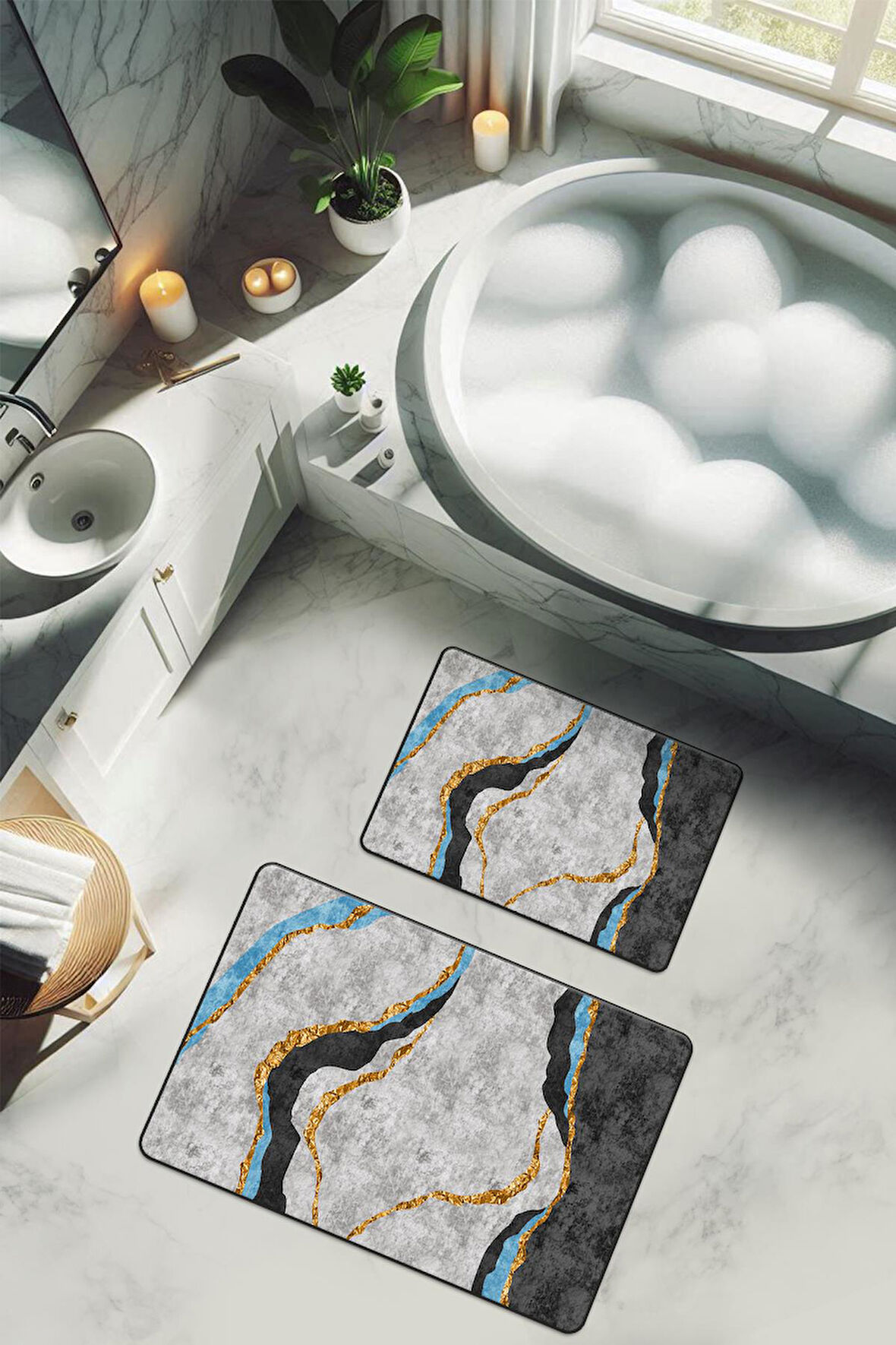 Yıkanabilir Kaymaz Tabanlı Modern Desenli 2'li Banyo Paspas Takımı BPS0006