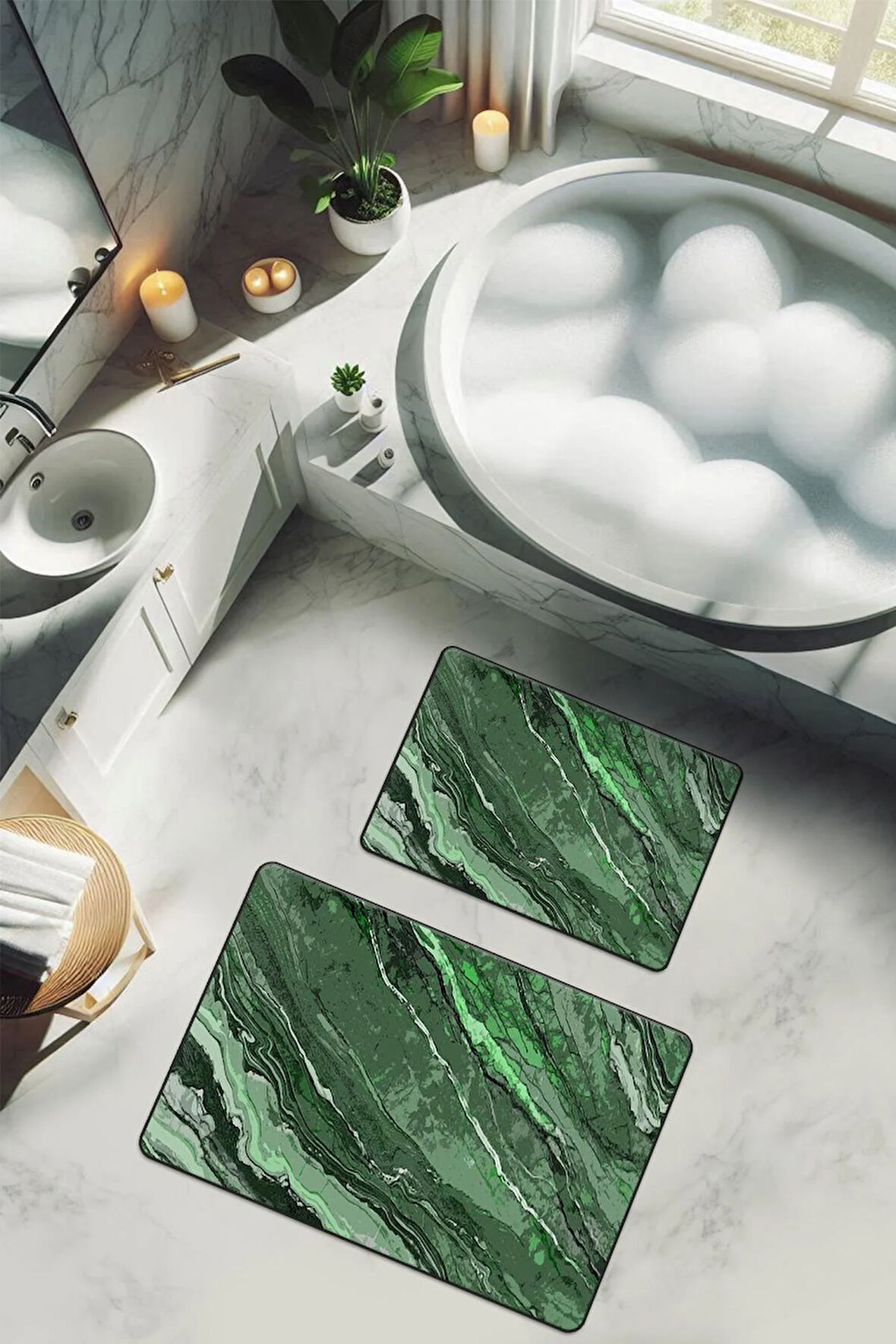 Yıkanabilir Kaymaz Tabanlı Modern Desenli 2'li Banyo Paspas Takımı BPS0007