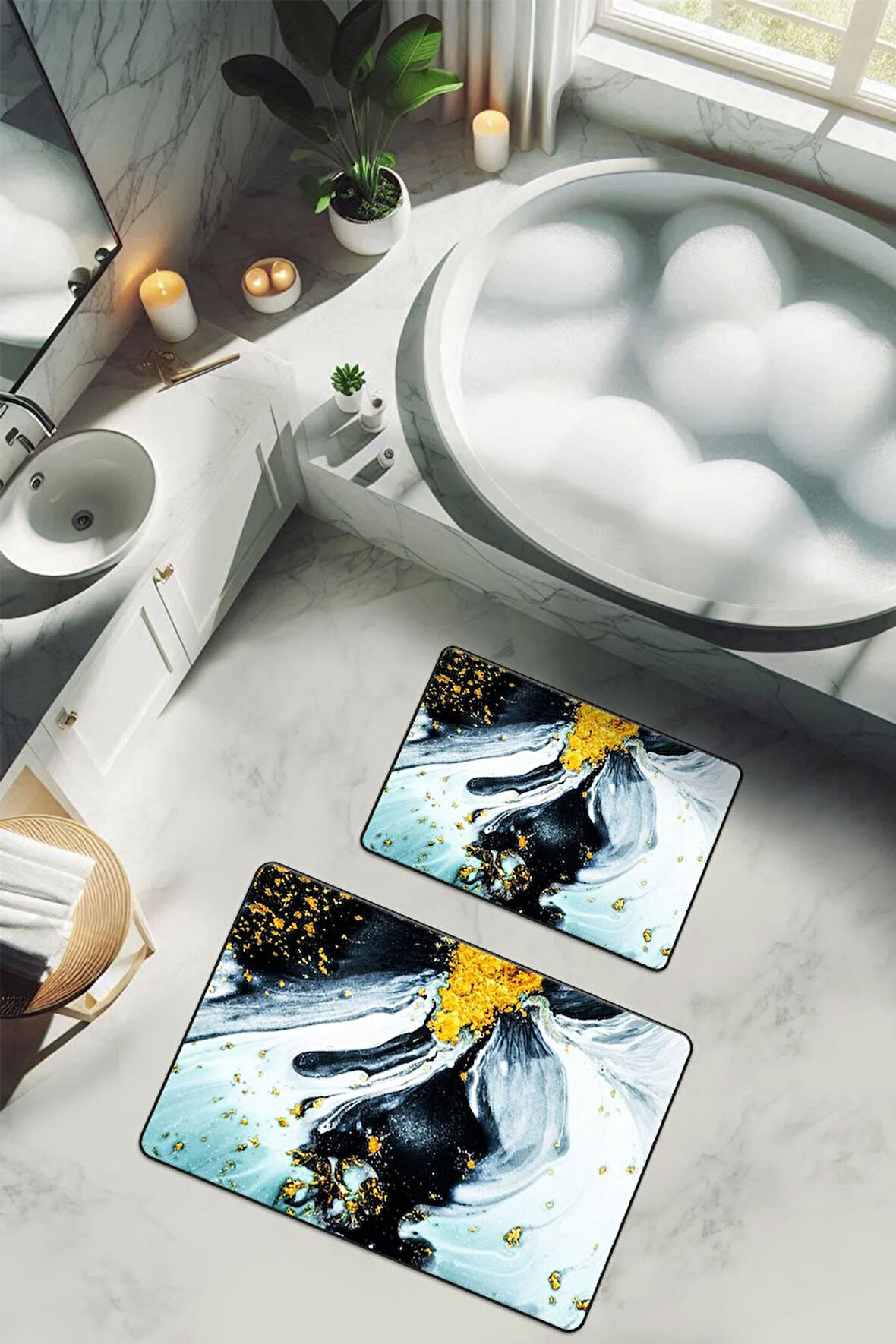 Yıkanabilir Kaymaz Tabanlı Modern Desenli 2'li Banyo Paspas Takımı BPS0010