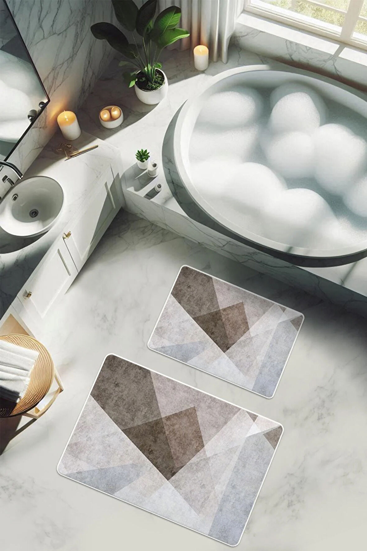 Yıkanabilir Kaymaz Tabanlı Modern Desenli 2'li Banyo Paspas Takımı BPS0011