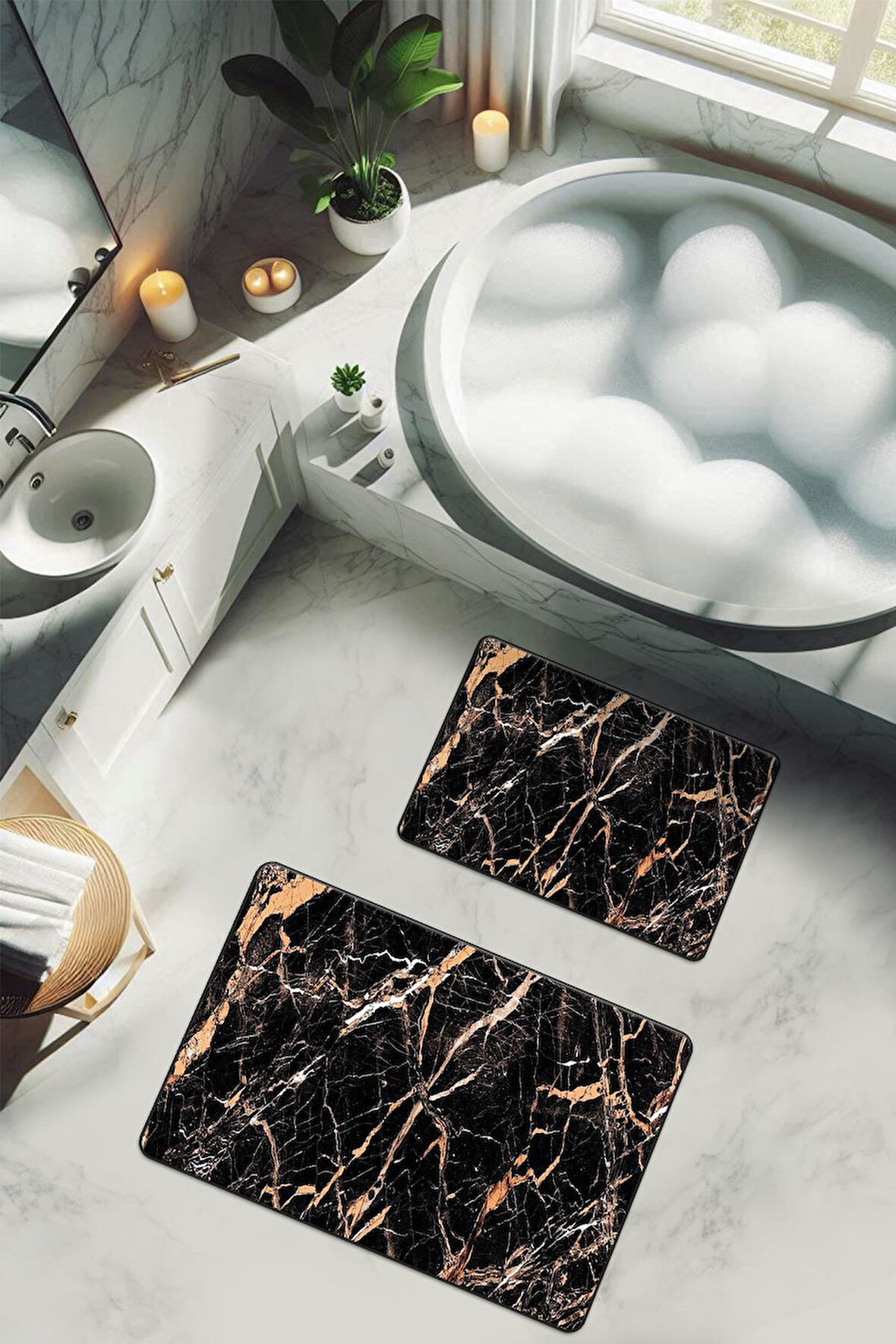 Yıkanabilir Kaymaz Tabanlı Modern Desenli 2'li Banyo Paspas Takımı BPS0012