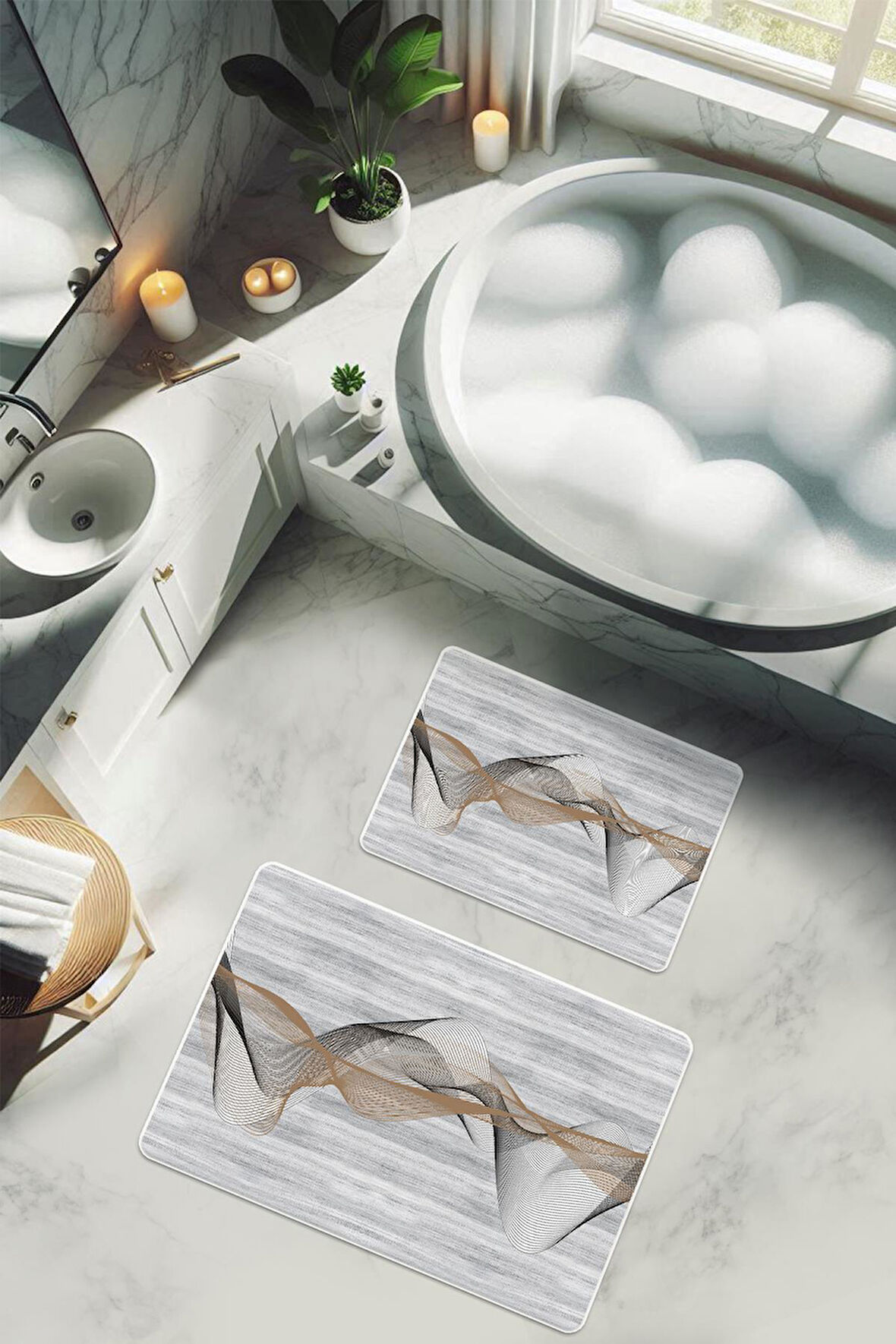 Yıkanabilir Kaymaz Tabanlı Modern Desenli 2'li Banyo Paspas Takımı BPS0013