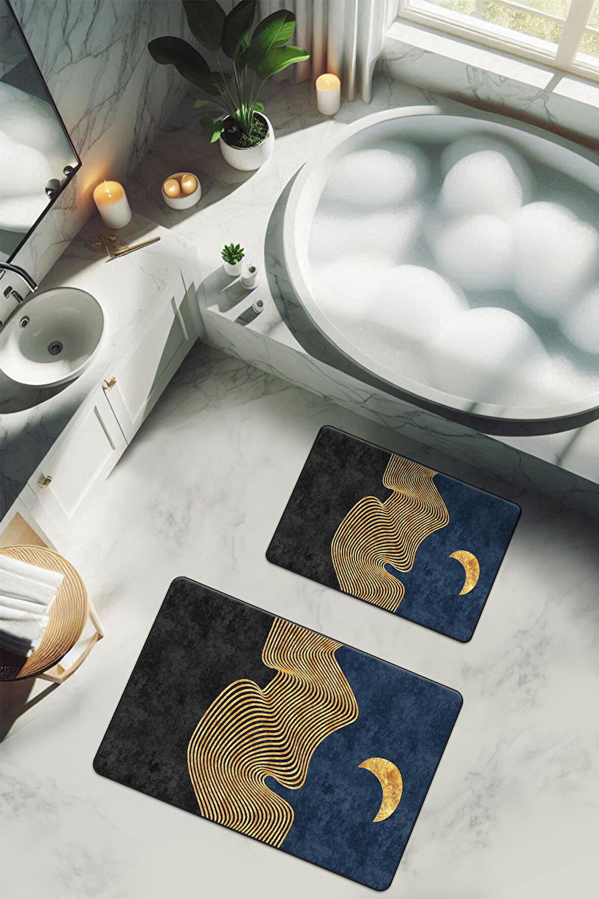 Yıkanabilir Kaymaz Tabanlı Modern Desenli 2'li Banyo Paspas Takımı BPS0014