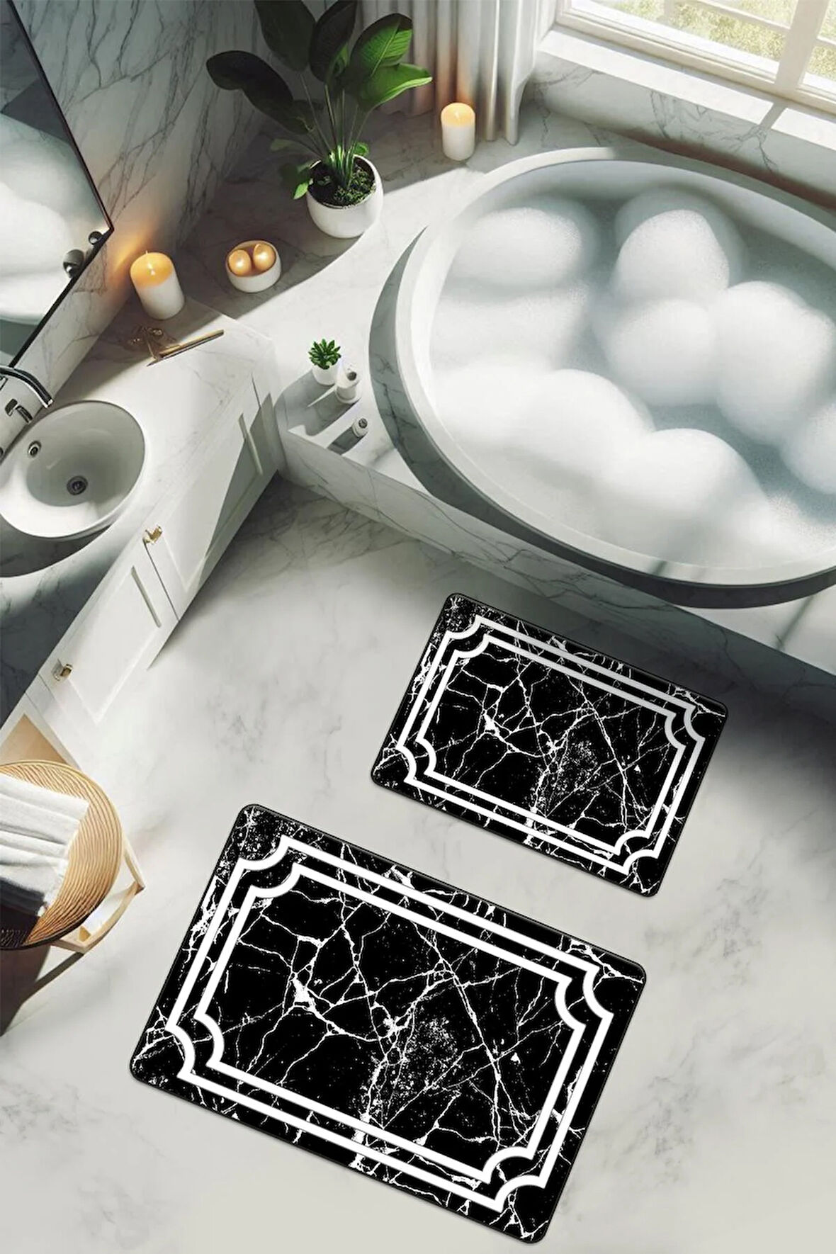 Yıkanabilir Kaymaz Tabanlı Modern Desenli 2'li Banyo Paspas Takımı BPS0015