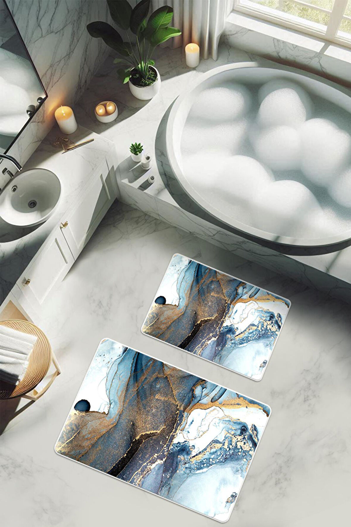 Yıkanabilir Kaymaz Tabanlı Modern Desenli 2'li Banyo Paspas Takımı BPS0016