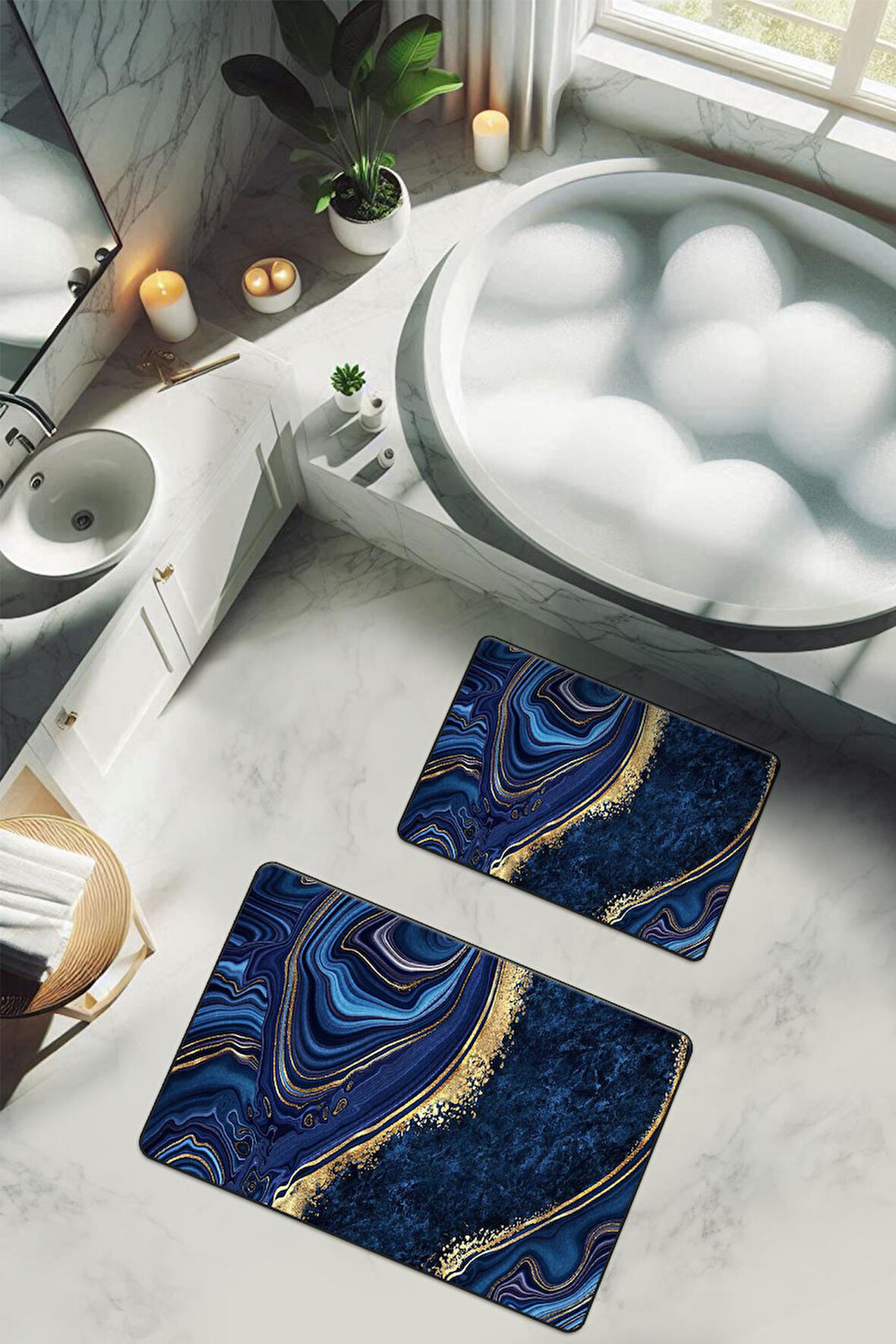 Yıkanabilir Kaymaz Tabanlı Modern Desenli 2'li Banyo Paspas Takımı BPS0017