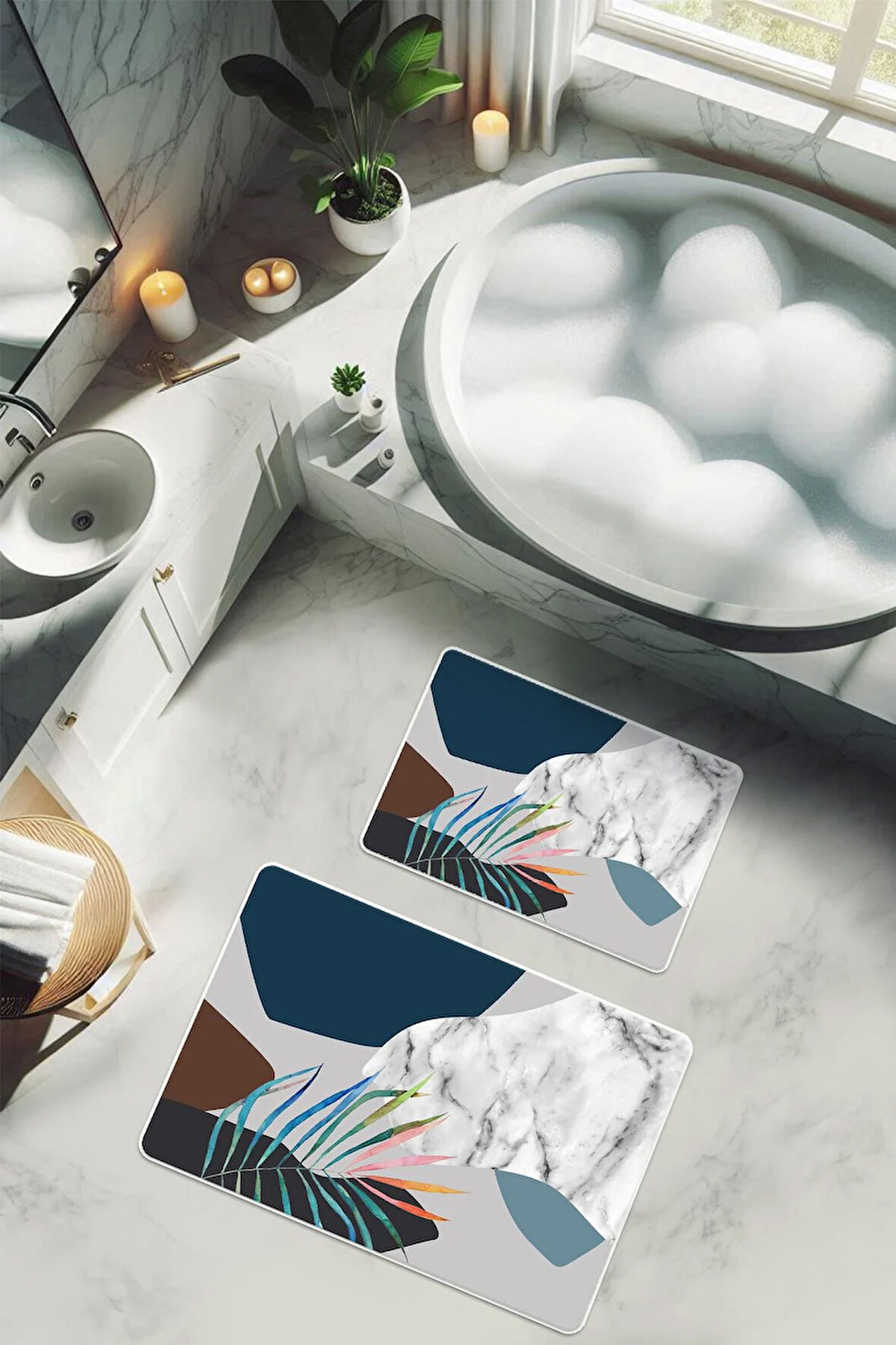 Yıkanabilir Kaymaz Tabanlı Modern Desenli 2'li Banyo Paspas Takımı BPS0018