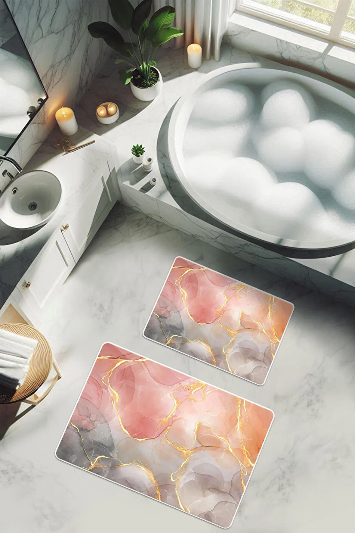 Yıkanabilir Kaymaz Tabanlı Modern Desenli 2'li Banyo Paspas Takımı BPS0020