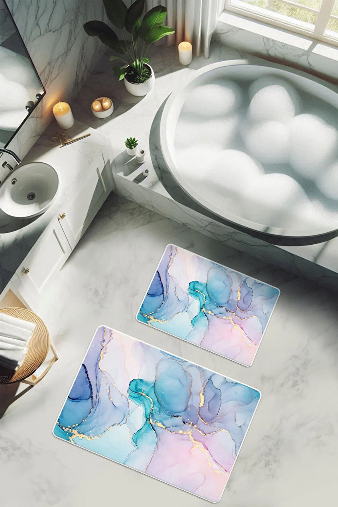 Yıkanabilir Kaymaz Tabanlı Modern Desenli 2'li Banyo Paspas Takımı BPS0022