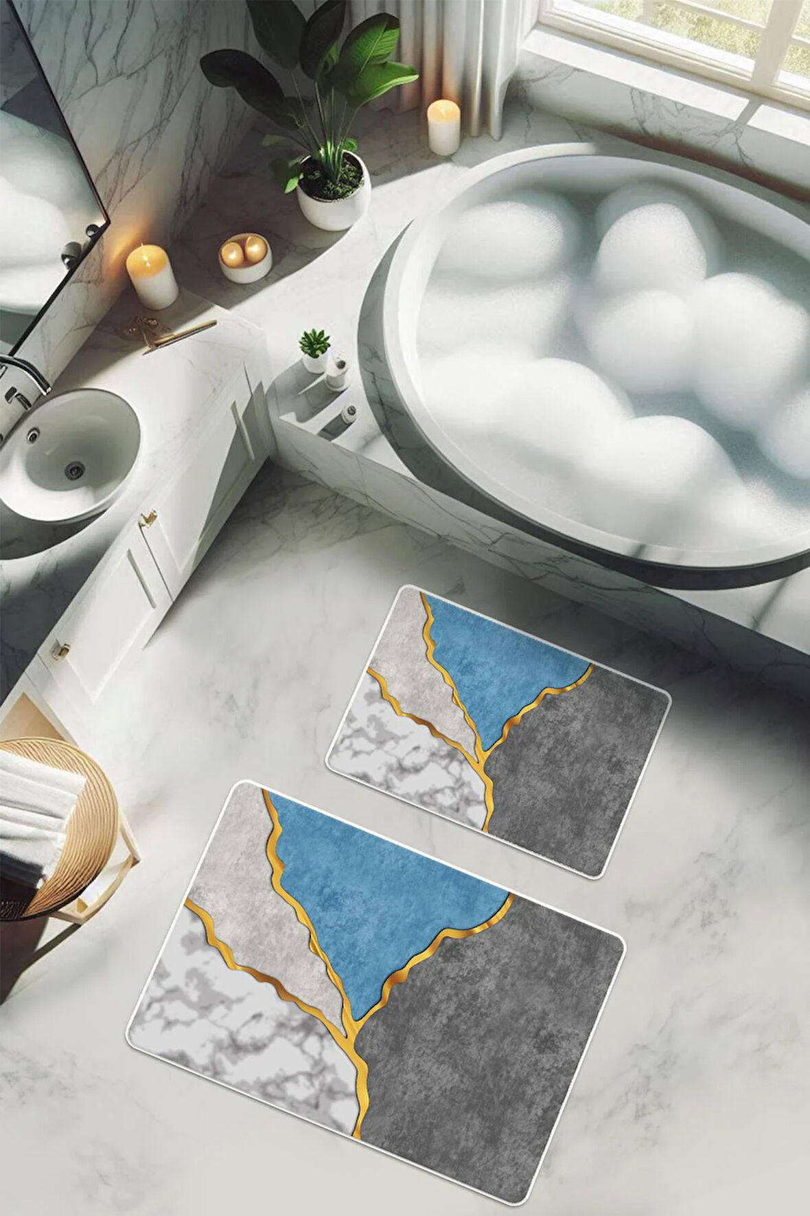 Yıkanabilir Kaymaz Tabanlı Modern Desenli 2'li Banyo Paspas Takımı BPS0025