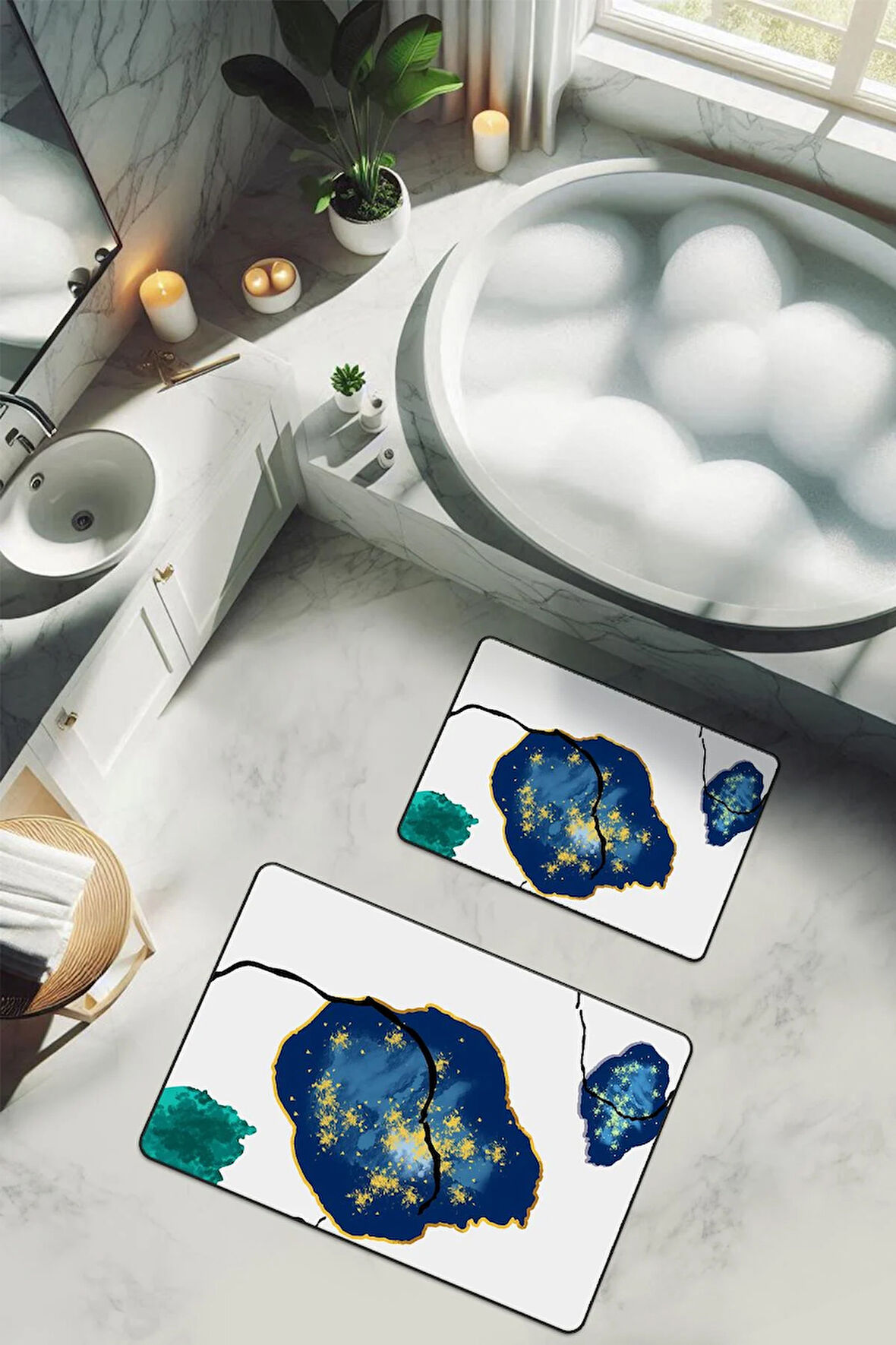 Yıkanabilir Kaymaz Tabanlı Modern Desenli 2'li Banyo Paspas Takımı BPS0026