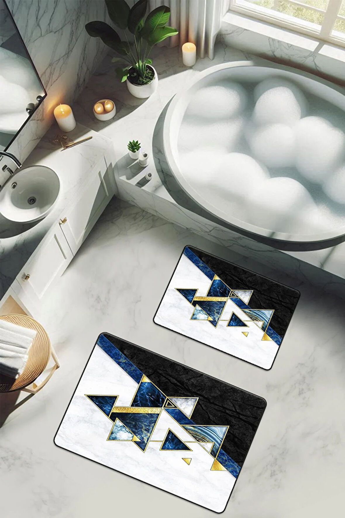 Yıkanabilir Kaymaz Tabanlı Modern Desenli 2'li Banyo Paspas Takımı BPS0027