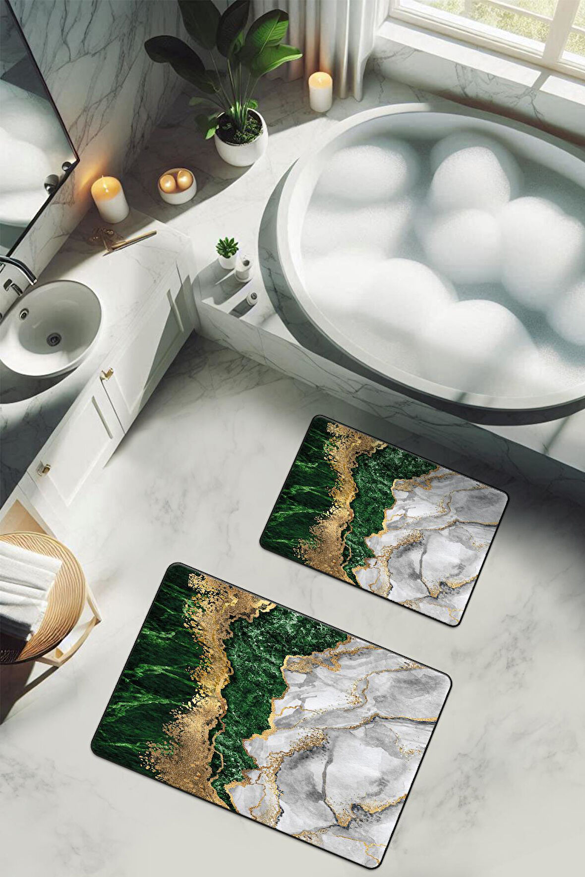 Yıkanabilir Kaymaz Tabanlı Modern Desenli 2'li Banyo Paspas Takımı BPS0029