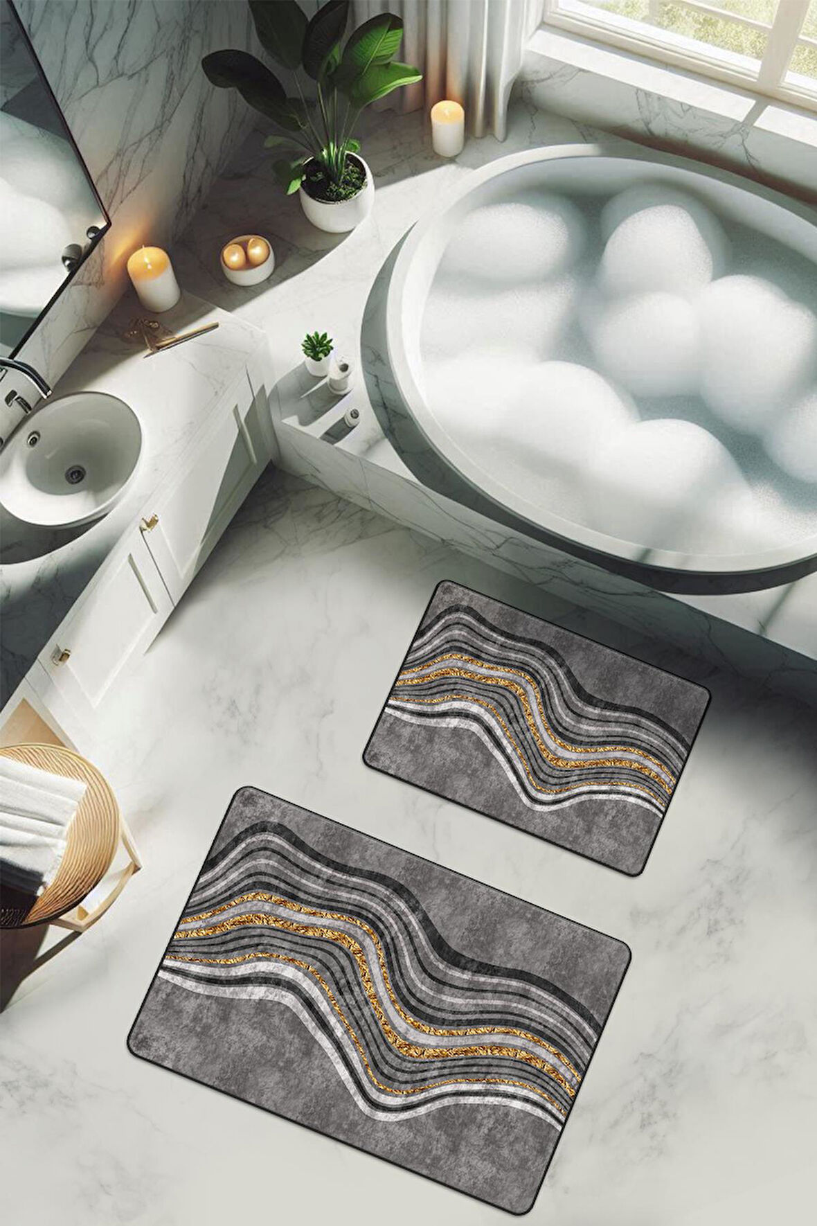 Yıkanabilir Kaymaz Tabanlı Modern Desenli 2'li Banyo Paspas Takımı BPS0030