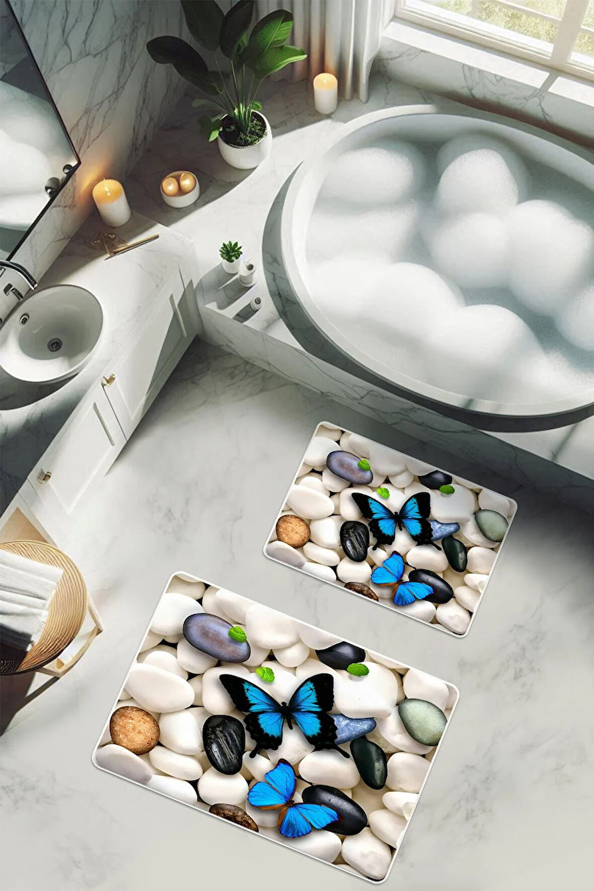 Yıkanabilir Kaymaz Tabanlı Modern Desenli 2'li Banyo Paspas Takımı BPS0032