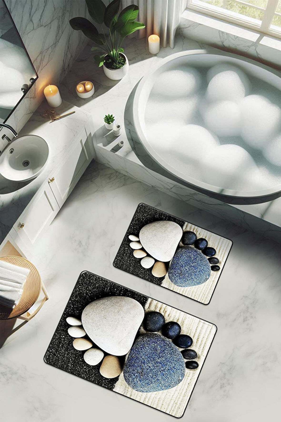 Yıkanabilir Kaymaz Tabanlı Modern Desenli 2'li Banyo Paspas Takımı BPS0035