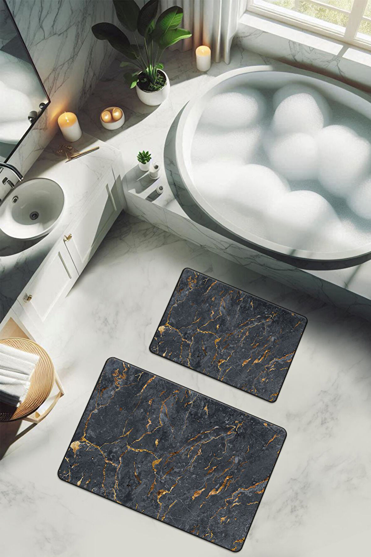 Yıkanabilir Kaymaz Tabanlı Modern Desenli 2'li Banyo Paspas Takımı BPS0037