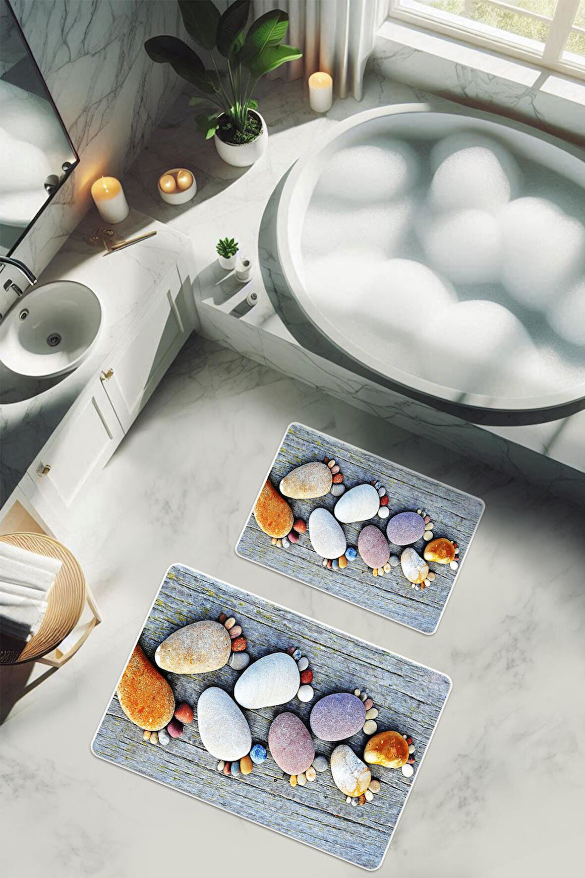 Yıkanabilir Kaymaz Tabanlı Modern Desenli 2'li Banyo Paspas Takımı BPS0038