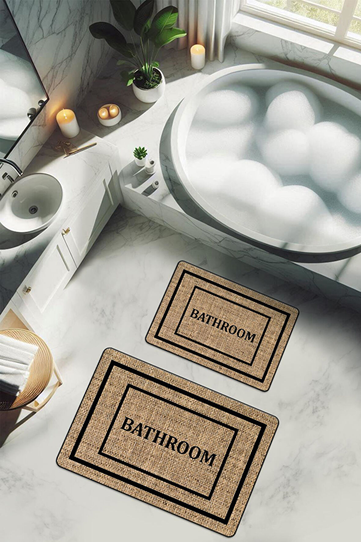 Yıkanabilir Kaymaz Tabanlı Modern Desenli 2'li Banyo Paspas Takımı BPS0039