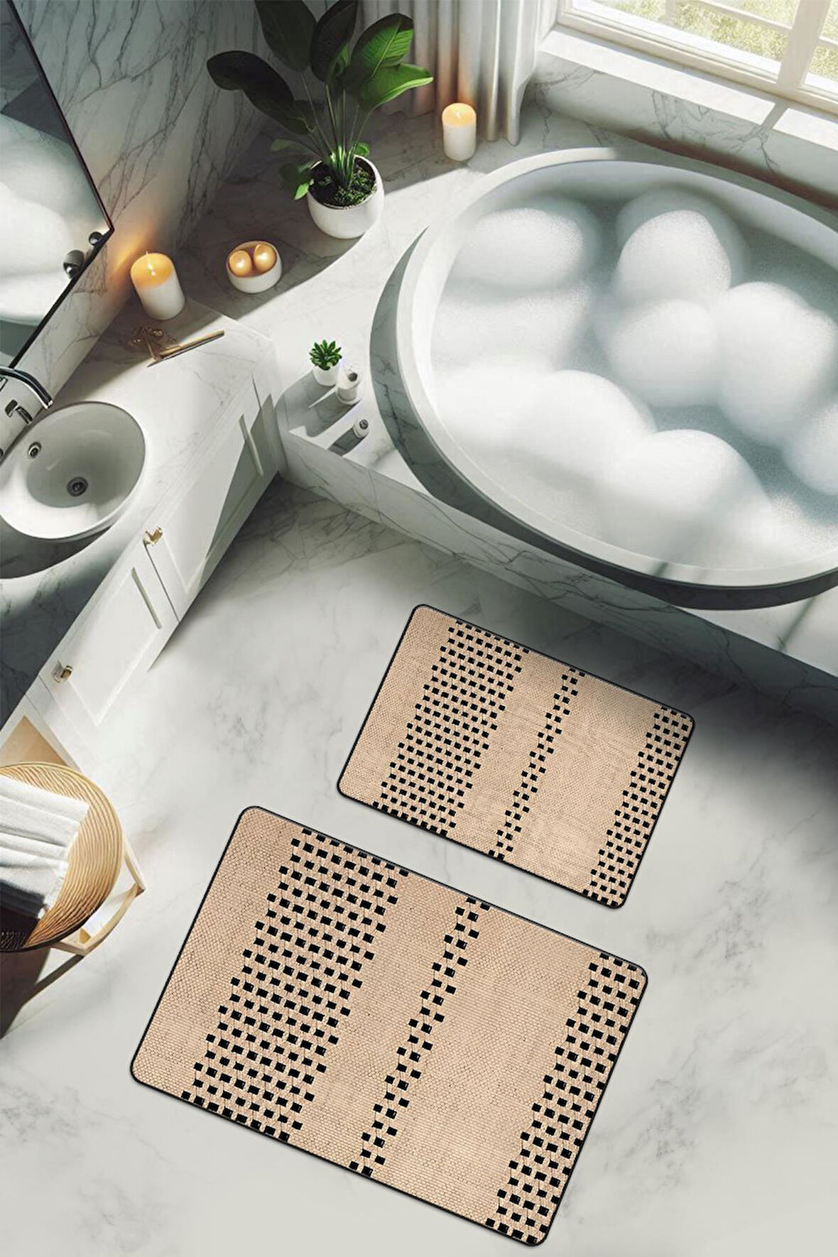 Yıkanabilir Kaymaz Tabanlı Modern Desenli 2'li Banyo Paspas Takımı BPS0040