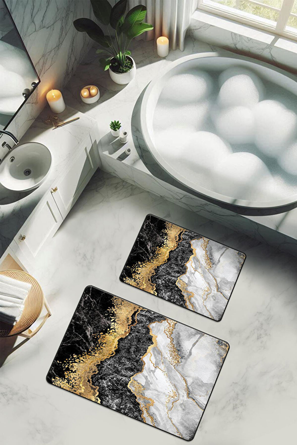 Yıkanabilir Kaymaz Tabanlı Modern Desenli 2'li Banyo Paspas Takımı BPS0042