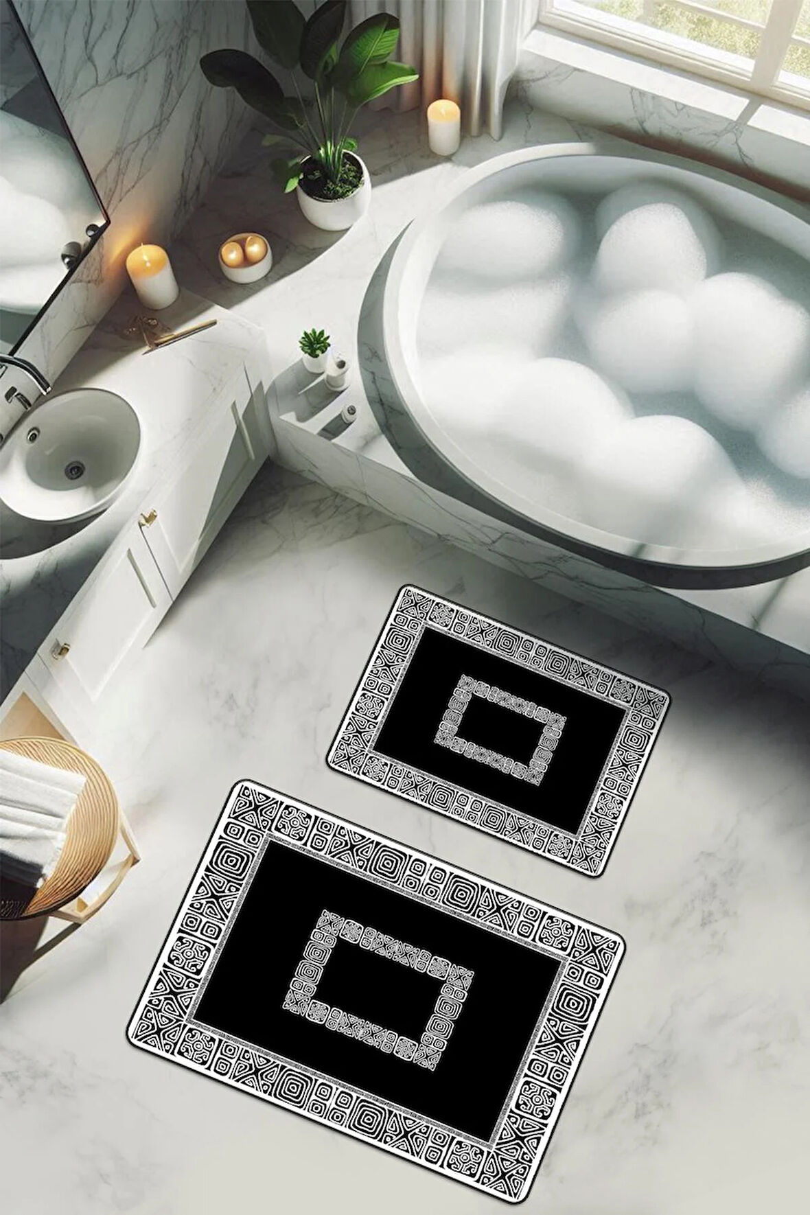 Yıkanabilir Kaymaz Tabanlı Modern Desenli 2'li Banyo Paspas Takımı BPS0043