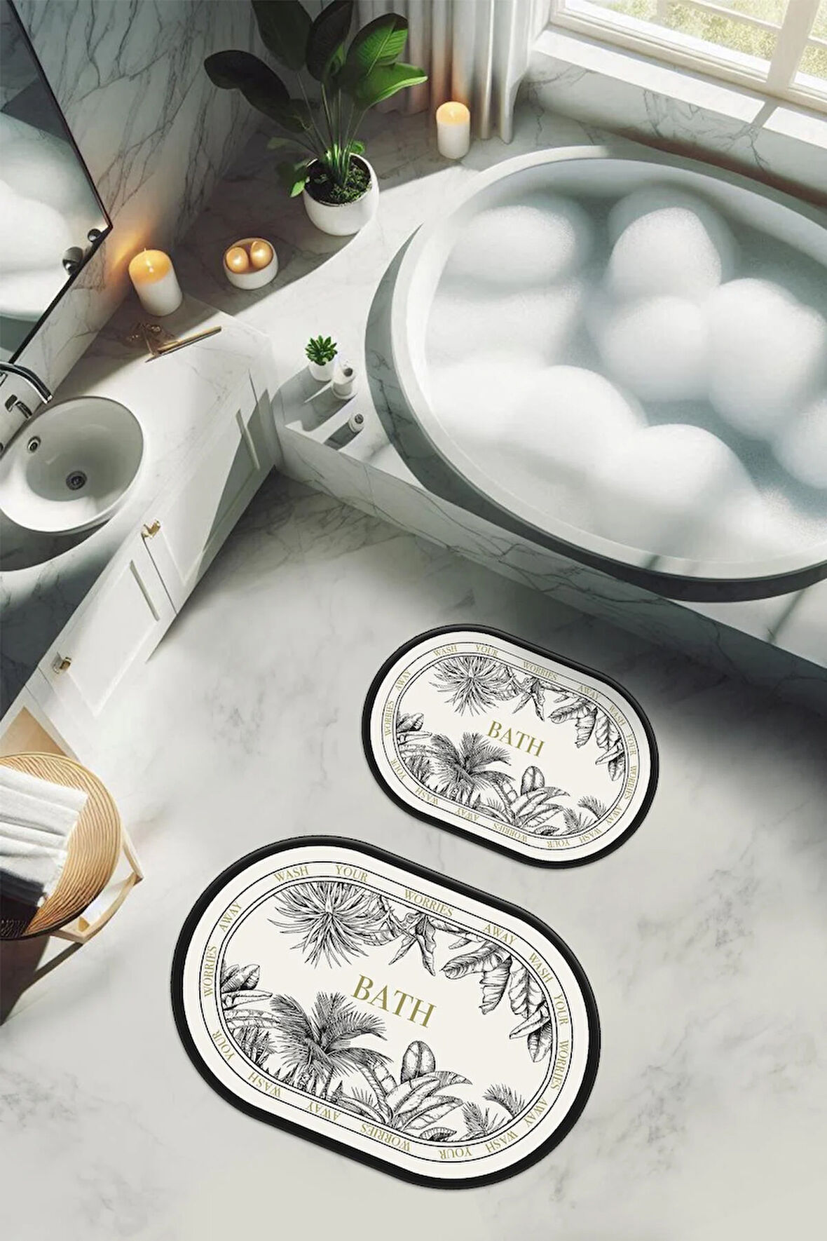 Yıkanabilir Kaymaz Tabanlı Modern Desenli 2'li Banyo Paspas Takımı OBPS0003