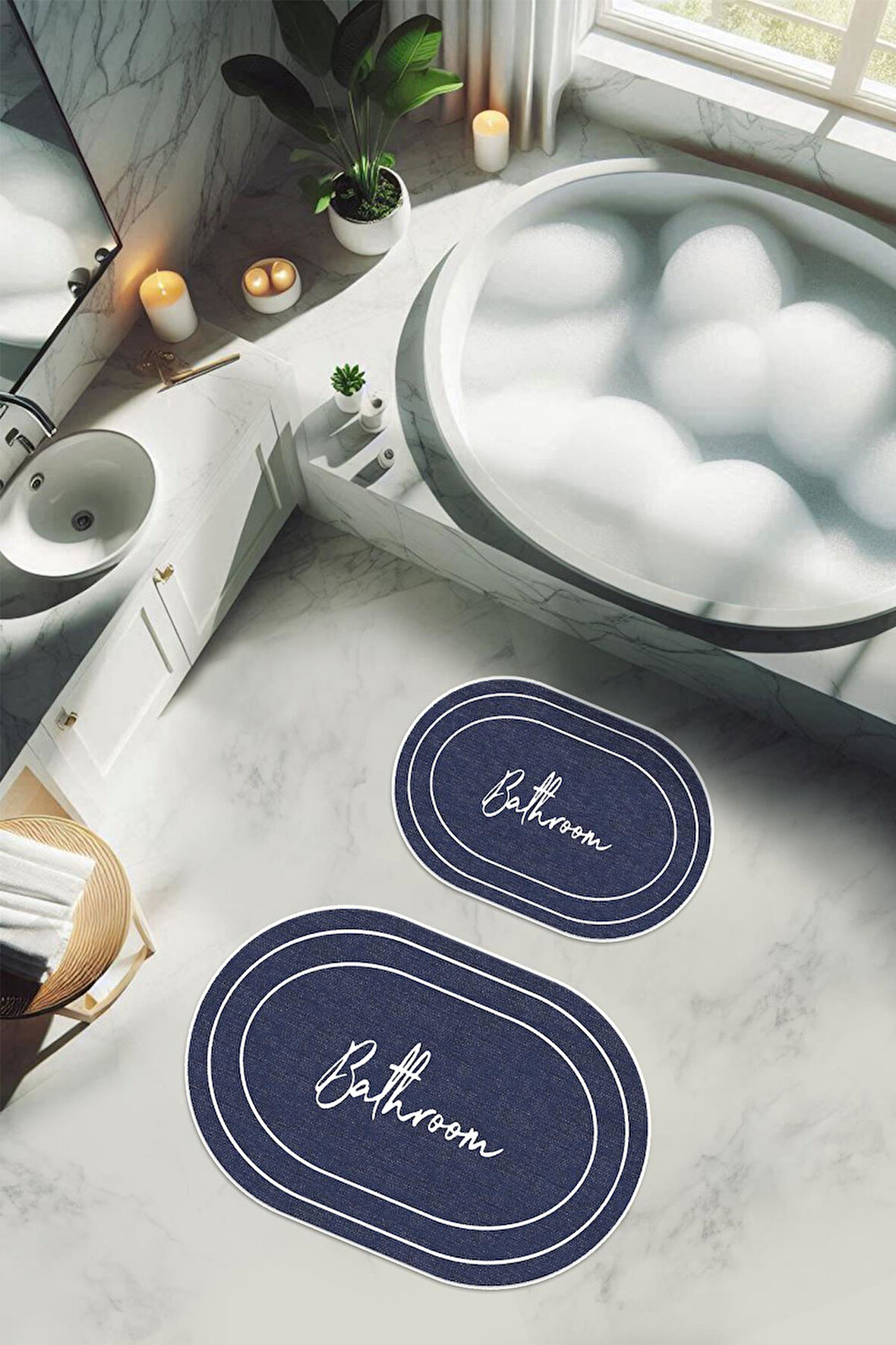 Yıkanabilir Kaymaz Tabanlı Modern Desenli 2'li Banyo Paspas Takımı OBPS0005