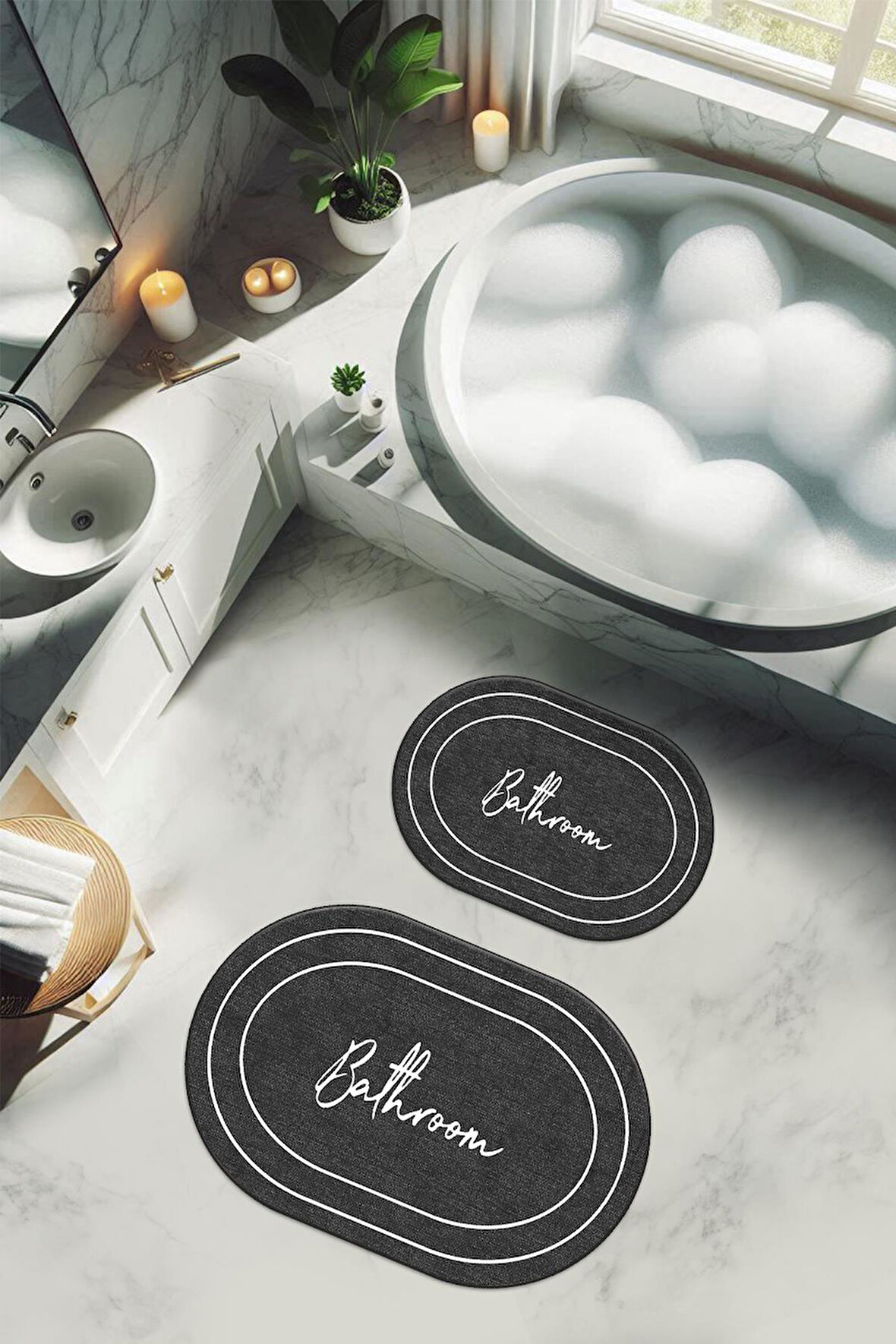 Yıkanabilir Kaymaz Tabanlı Modern Desenli 2'li Banyo Paspas Takımı OBPS0006