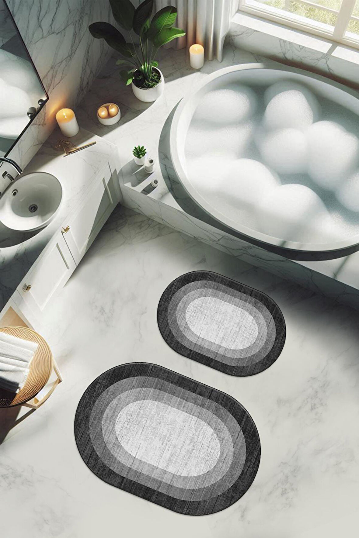 Yıkanabilir Kaymaz Tabanlı Modern Desenli 2'li Banyo Paspas Takımı OBPS0007