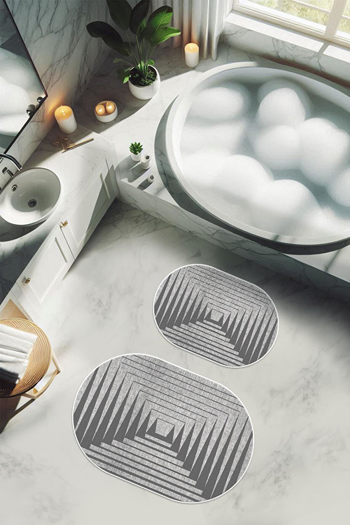 Yıkanabilir Kaymaz Tabanlı Modern Desenli 2'li Banyo Paspas Takımı OBPS0009