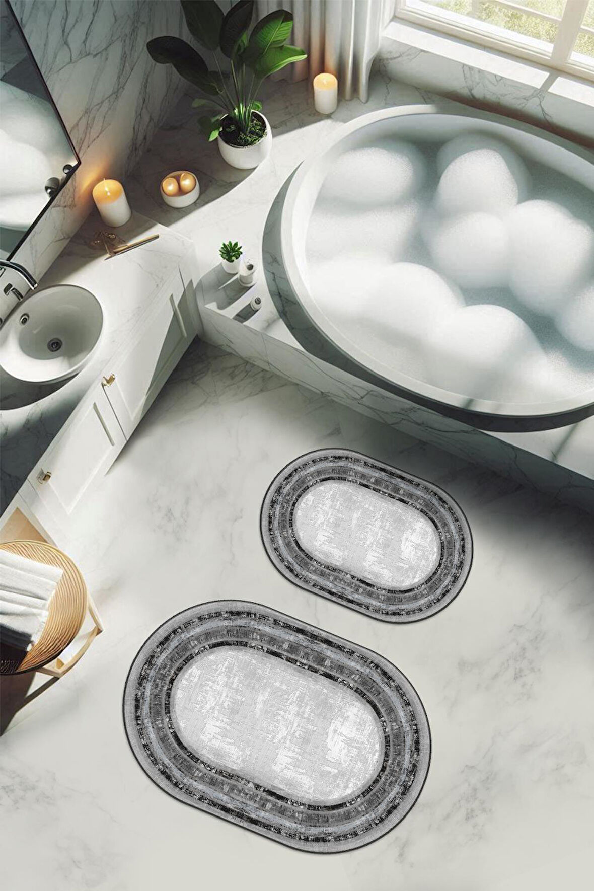 Yıkanabilir Kaymaz Tabanlı Modern Desenli 2'li Banyo Paspas Takımı OBPS0012