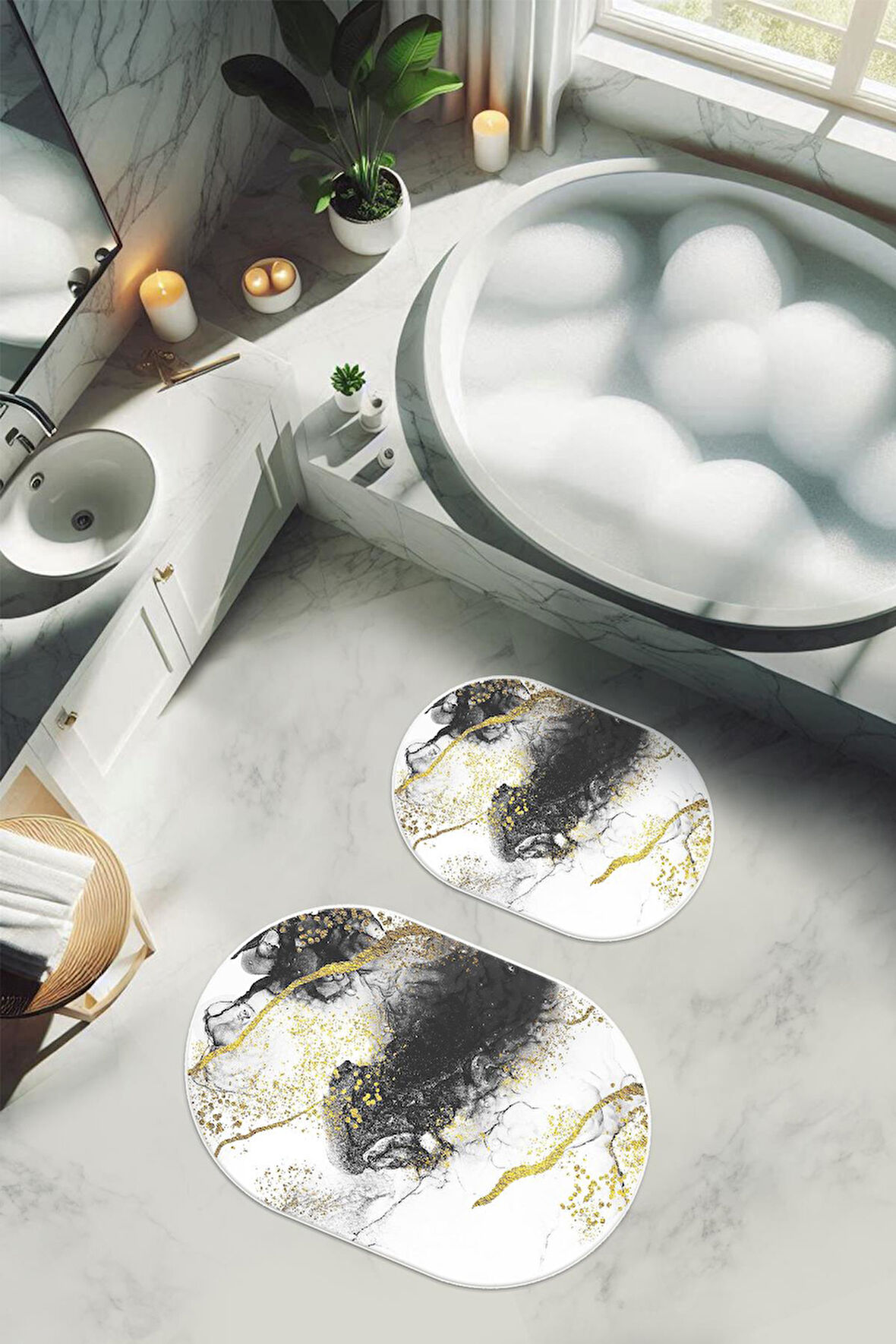 Yıkanabilir Kaymaz Tabanlı Modern Desenli 2'li Banyo Paspas Takımı OBPS0014