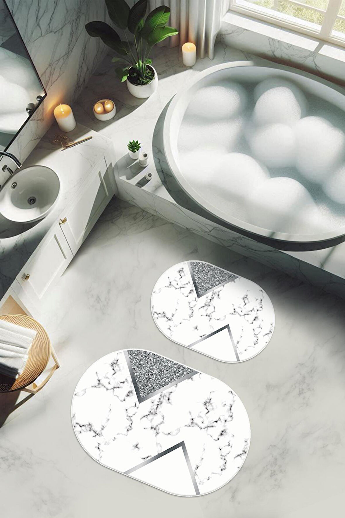 Yıkanabilir Kaymaz Tabanlı Modern Desenli 2'li Banyo Paspas Takımı OBPS0015