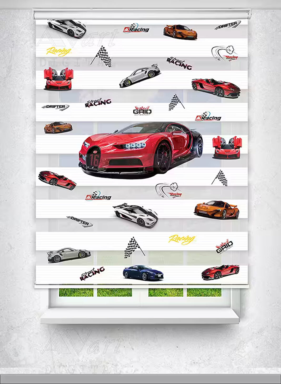 Kırmızı Bugatti Spor Araba Baskılı Perde - Çocuk Odası Perdesi - Baskılı Zebra Perde