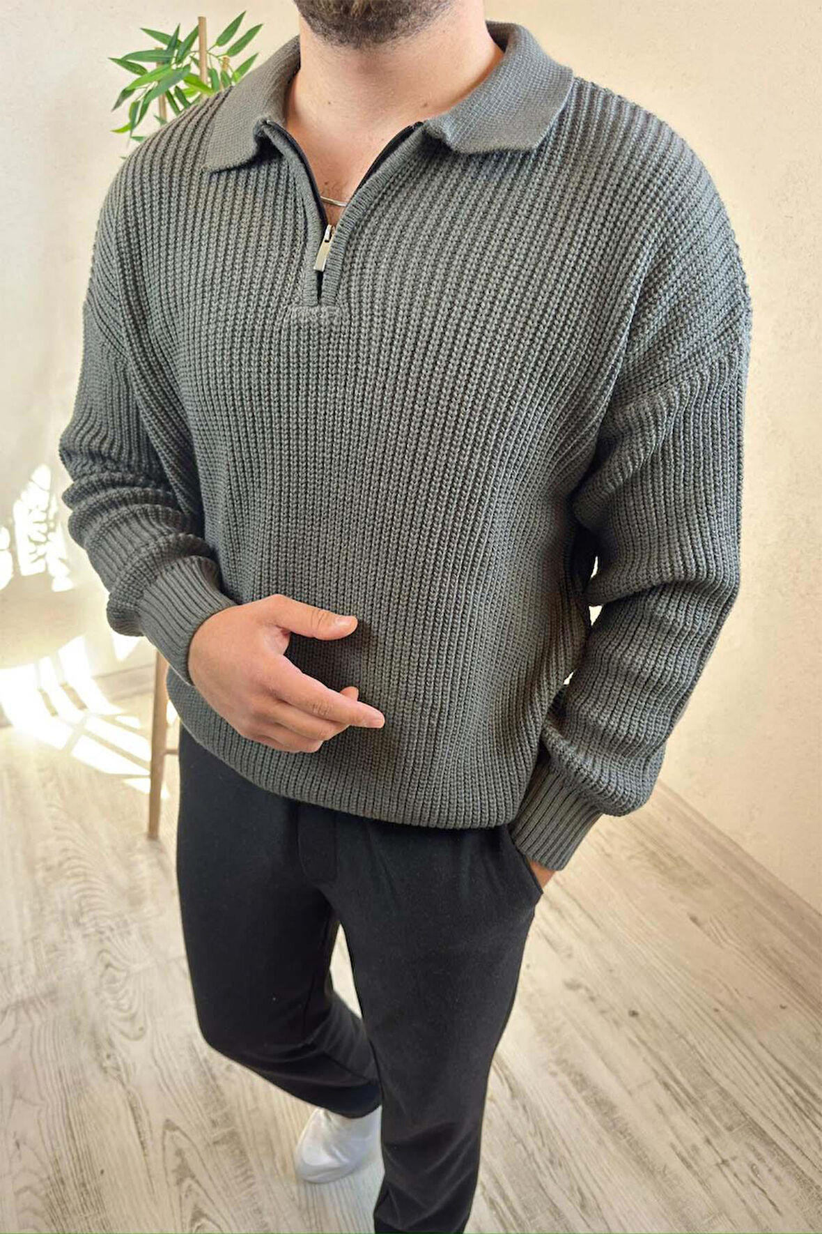 Erkek Gri Fermuarlı Polo Yaka Oversize Triko Kazak