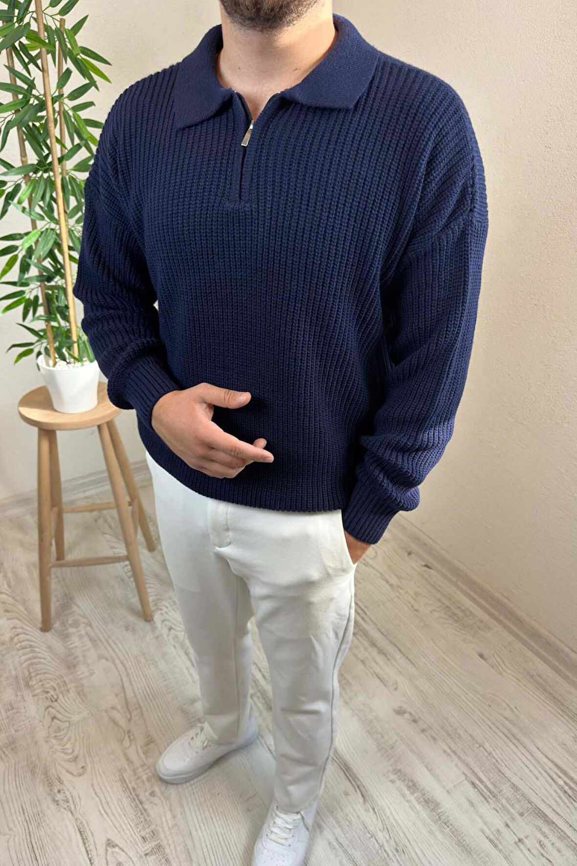 Erkek Lacivert Fermuarlı Polo Yaka Oversize Triko Kazak