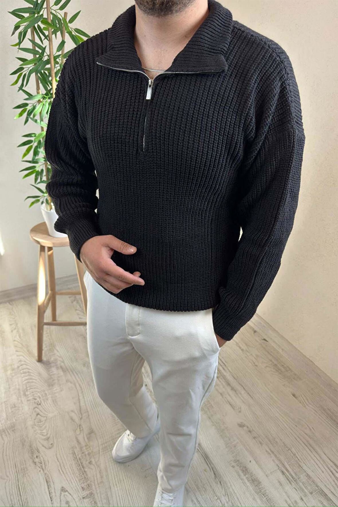 Erkek Siyah Fermuarlı Oversize Triko Kazak