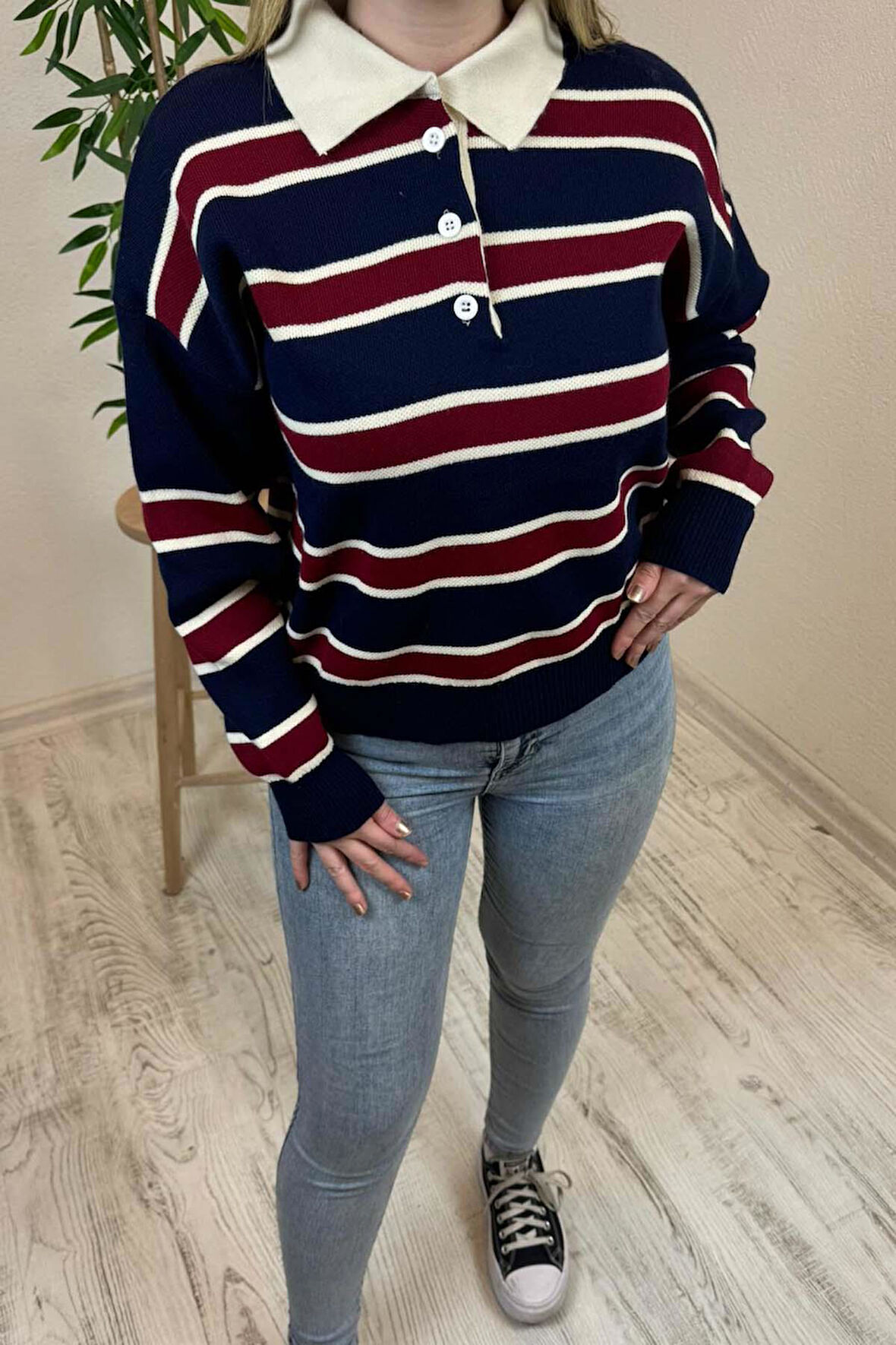 Kadın Lacivert - Bordo Polo Yaka Çizgili Oversize Triko Kazak