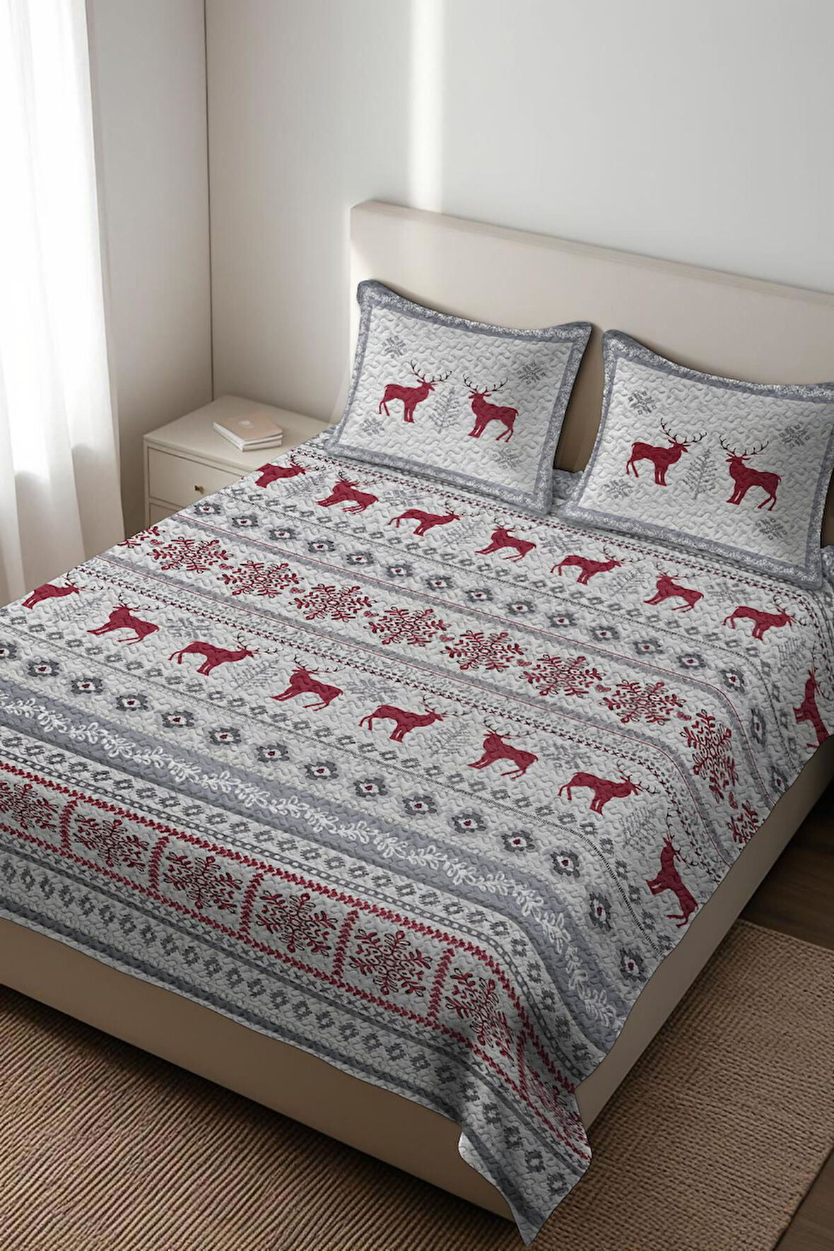 Parlak Kadife Kumaş Kapitoneli Çift Kişilik Yatak Örtüsü Seti (3 Parça) CKY0021