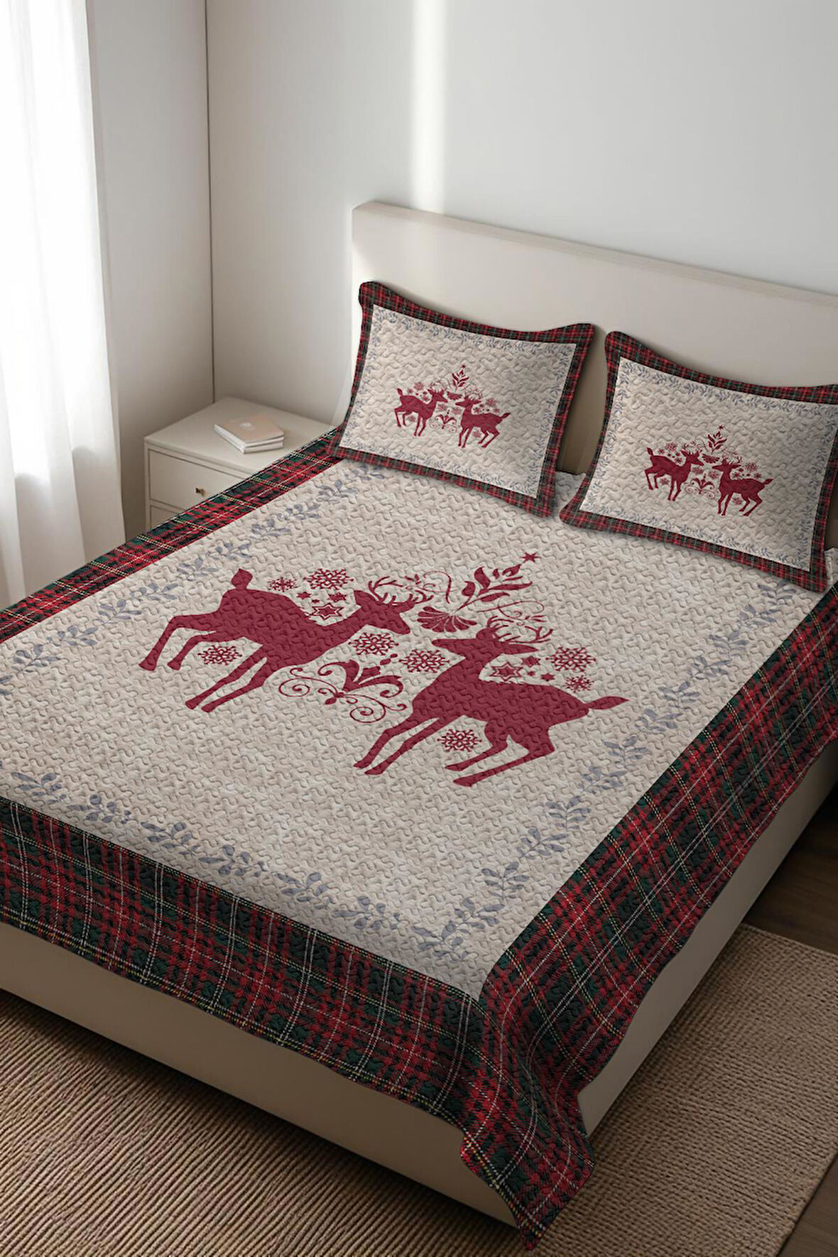 Parlak Kadife Kumaş Kapitoneli Çift Kişilik Yatak Örtüsü Seti (3 Parça) CKY0022