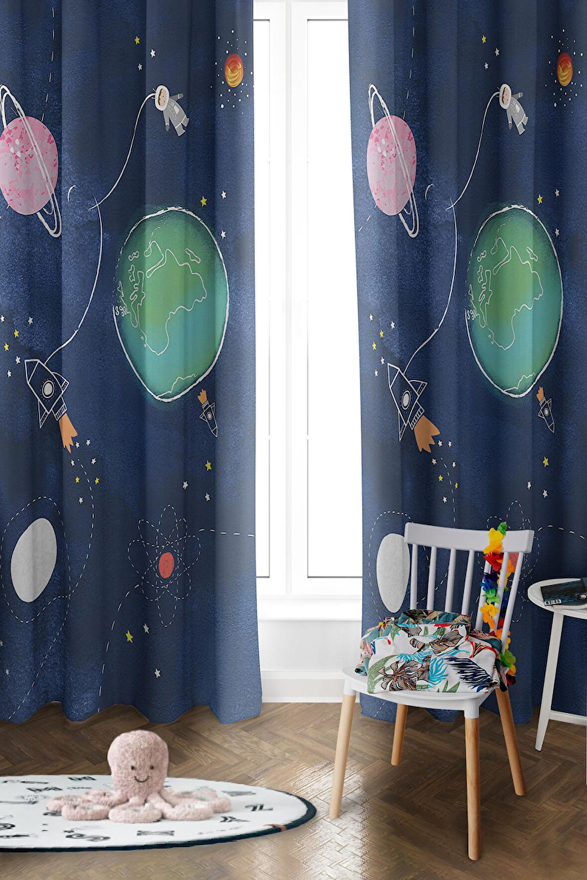 Parlak Saten Mikro Kumaş Çift Kanat Çocuk Odası Fon Perde Takımı PRD0038