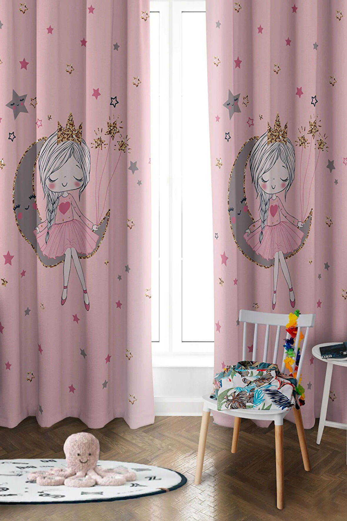 Parlak Saten Mikro Kumaş Çift Kanat Çocuk Odası Fon Perde Takımı PRD0041