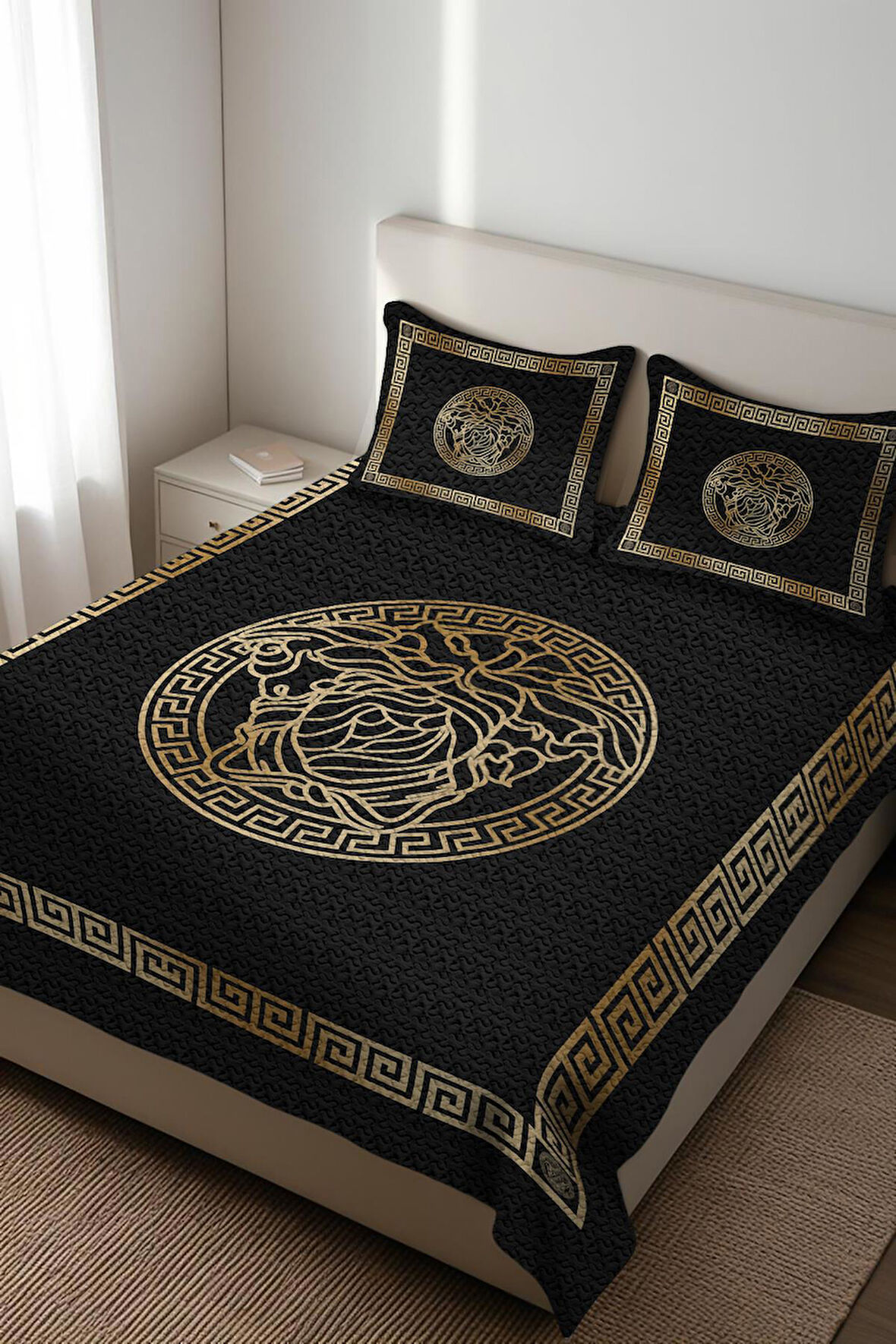 Parlak Kadife Kumaş Kapitoneli Çift Kişilik Yatak Örtüsü Seti (3 Parça) CKY0001